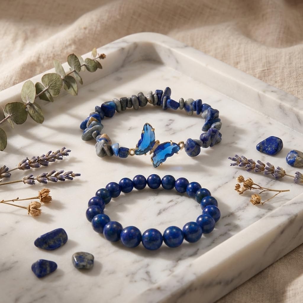 BELLA-Bee Natural Amethyst Healing Stone Bracelet Set for Women, Anxiety Relief Crystal Beaded Layered Bracelet with Butterfly Charm, Calming Spiritual Jewelry Gifts (Blue)