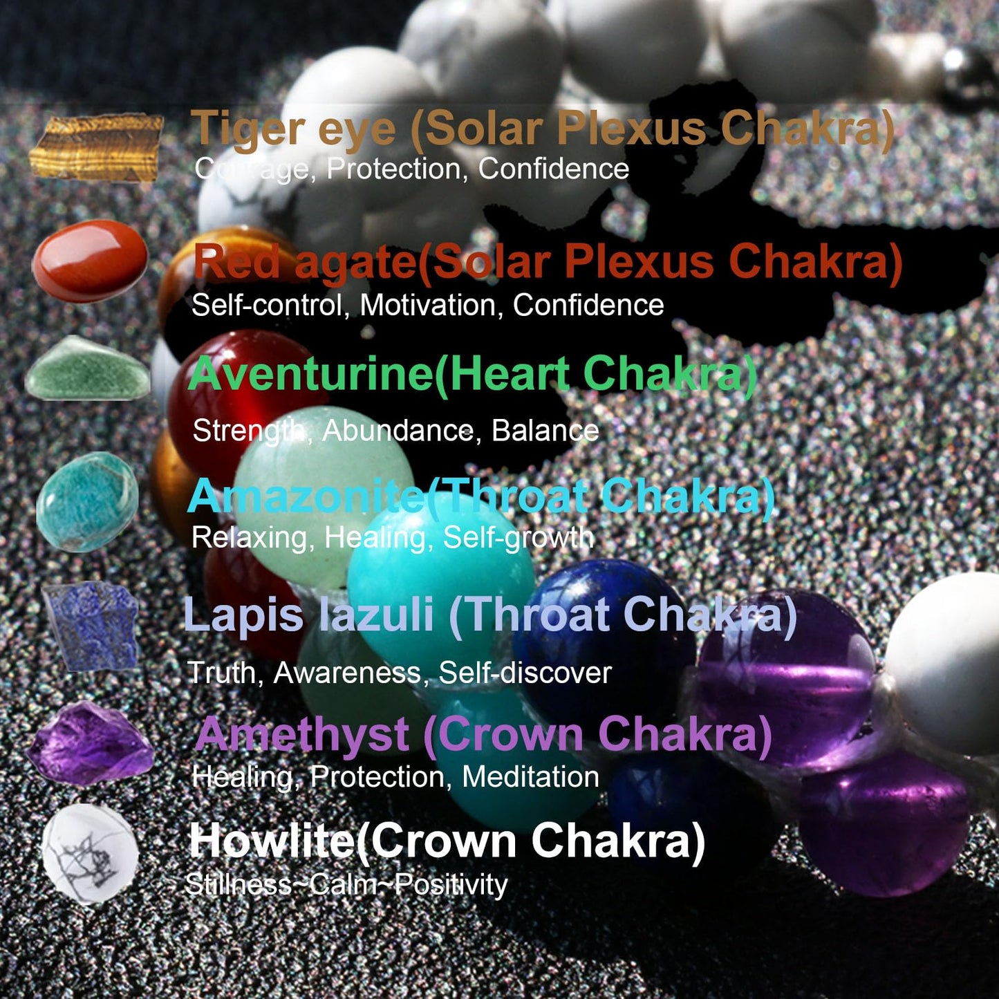 COLORFEY Real Crystal Bracelets for Men Women Healing 7 Chakra Crystal Tiger Eye Red Agate Aventurine Amazonite Lapis Lazuli Amethyst Howlite Stone Beads Bracelet Handmade Lucky Bracelet 2Row