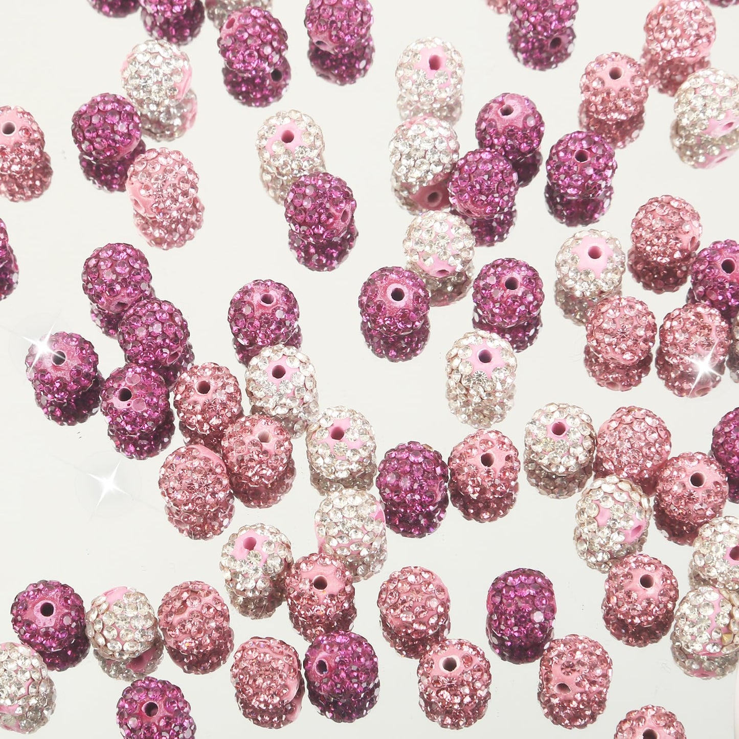 100Pcs Rhinestone Beads 10mm Pink Sparkle Round Shamballa Disco Ball Beads, Shiny Crystal Clay Pave Diamond Rhinestones Bead for Baseball Necklace Bracelet Earring Jewelry Making Party Decoration