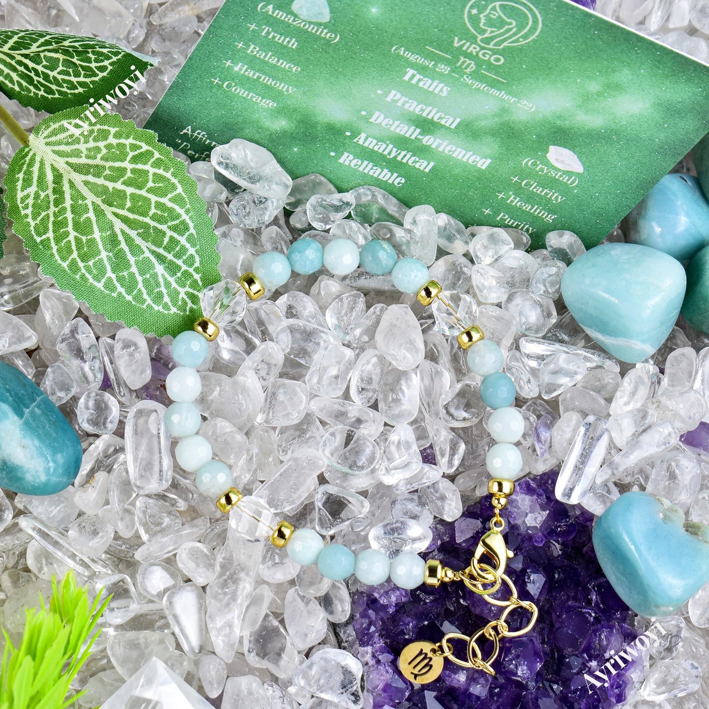 Ayriwoyi Virgo Zodiac Bracelet 12 Constellations Amazonite Clear Quartz Crystal Healing Beaded Bracelet Astrology Birthday Jewelry Gift for Women