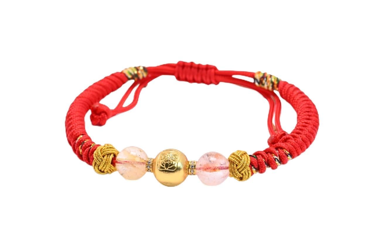 FAIRY CONCEPT Natural Strawberry Quartz & Rose Quartz Red Rope Bracelet for Women - Handmade Healing Crystal Jewelry with Lucky Gold Beads, Heart Chakra Energy Gift