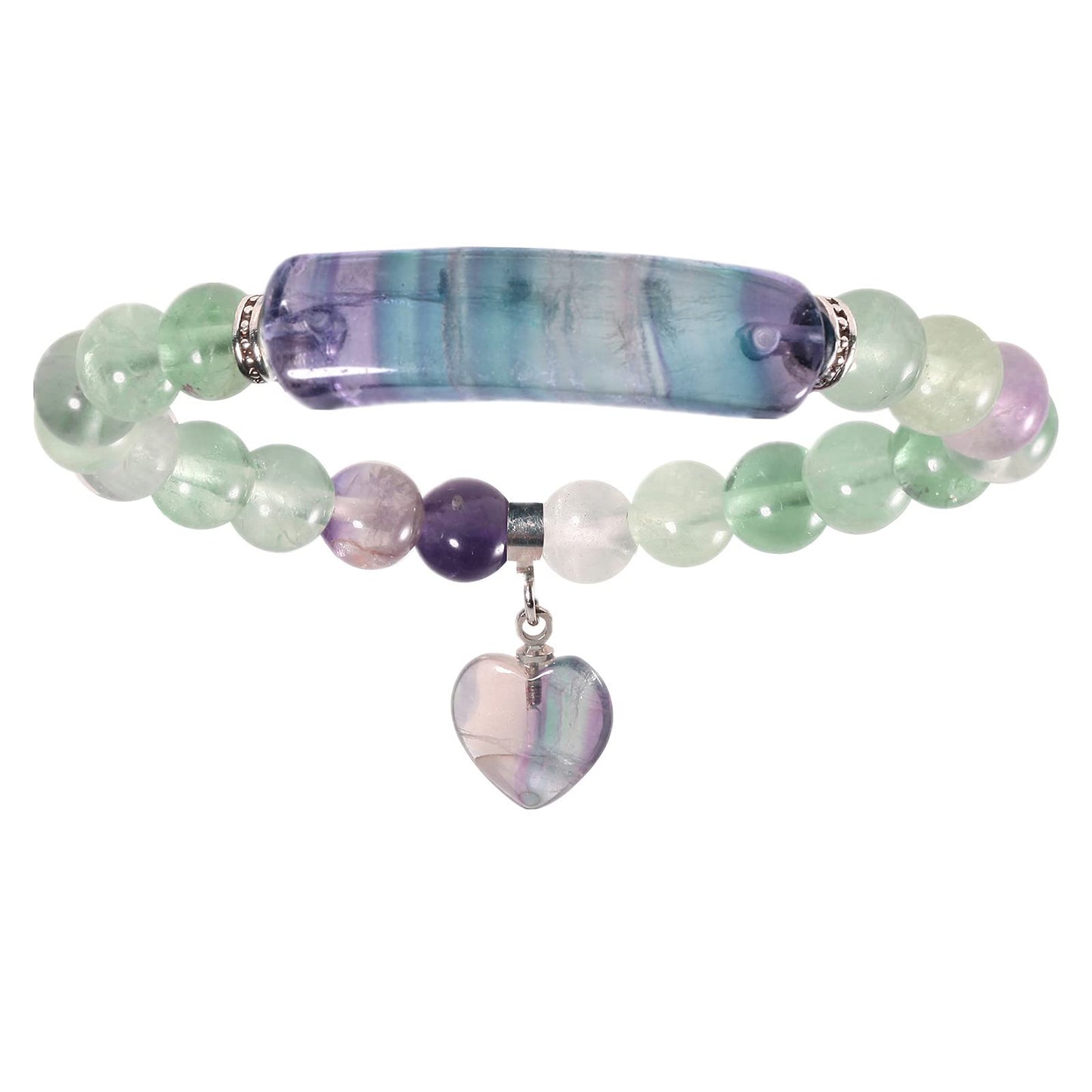 TUMBEELLUWA Healing Stone Bracelet 8mm Beads Chakra Crystal Energy Heart Charm Bracelet Handmade Jewelry for Women, Fluorite
