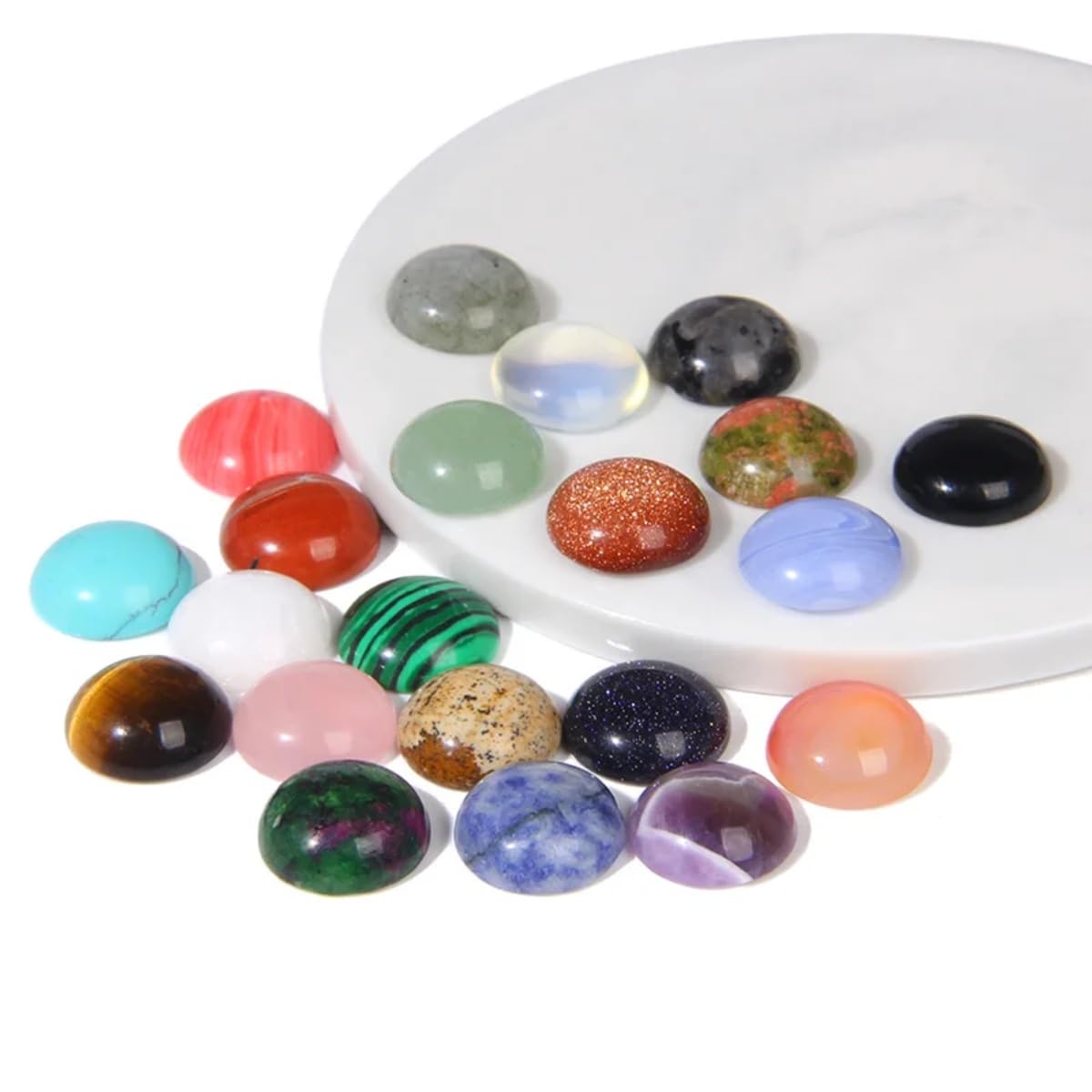 20pcs 16mm Natural Stone No Hole Assorted Colors Semicircle Smooth Cabochons Beads Healing Chakra Crystal Stone Bead for Jewelry Making Rings Earrings Necklace Bracelet DIY Crafts