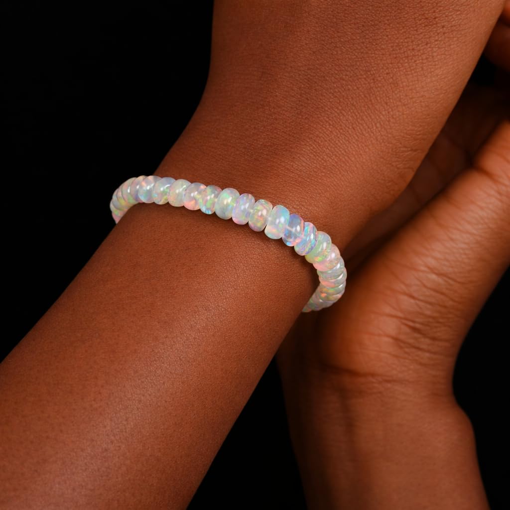 GEMS OF BAY Natural Ethiopian Opal Bracelet, Stretchable Bracelet, Welo Fire, Smooth Bracelet, Jewelry, Beads Bracelet, (6 inch)