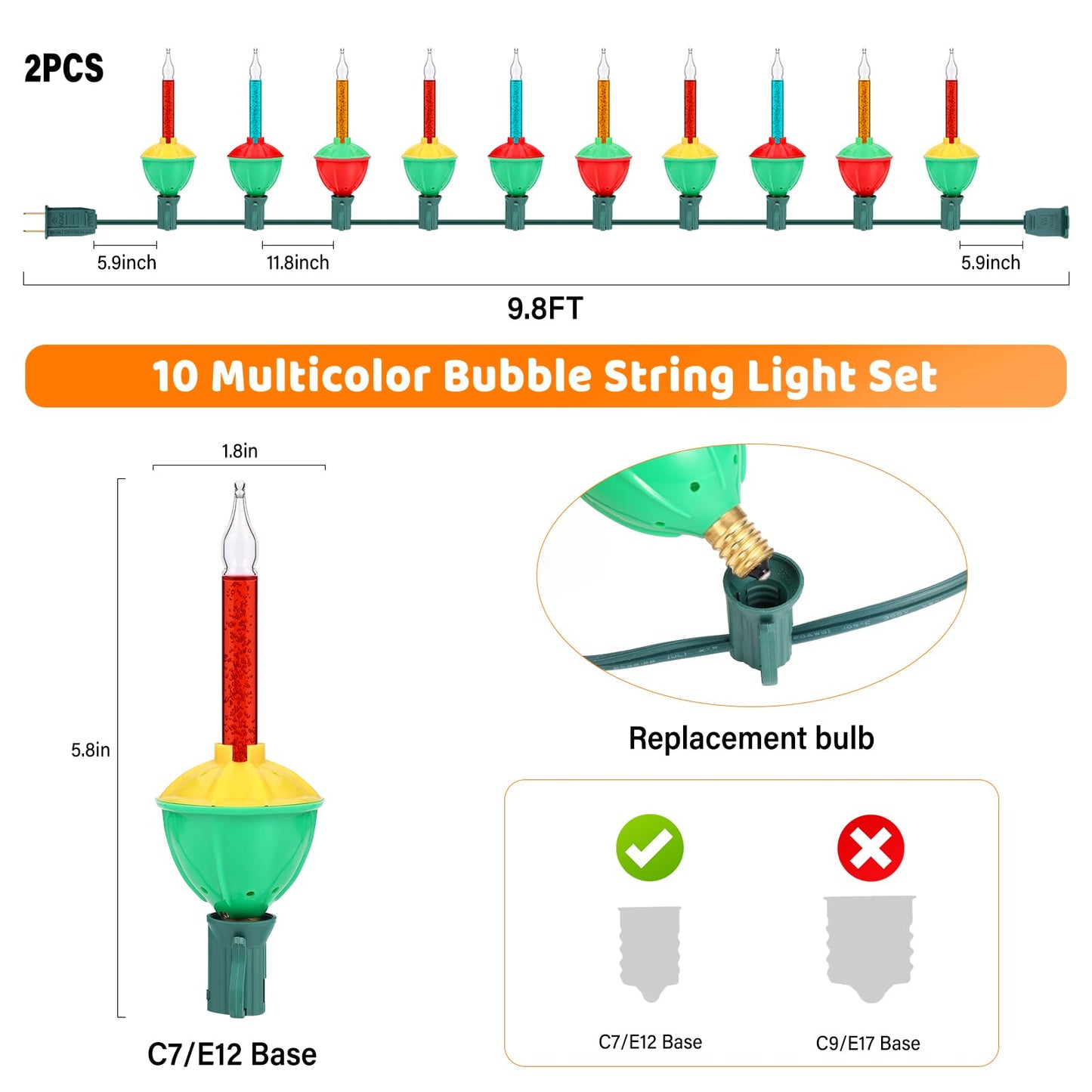 MOJIEZUO Christmas Bubble String Lights Set, 10 Lights, 9.8Ft, Multicolor, C7 E12 Base, Plastic, Vintage Holiday Decorations