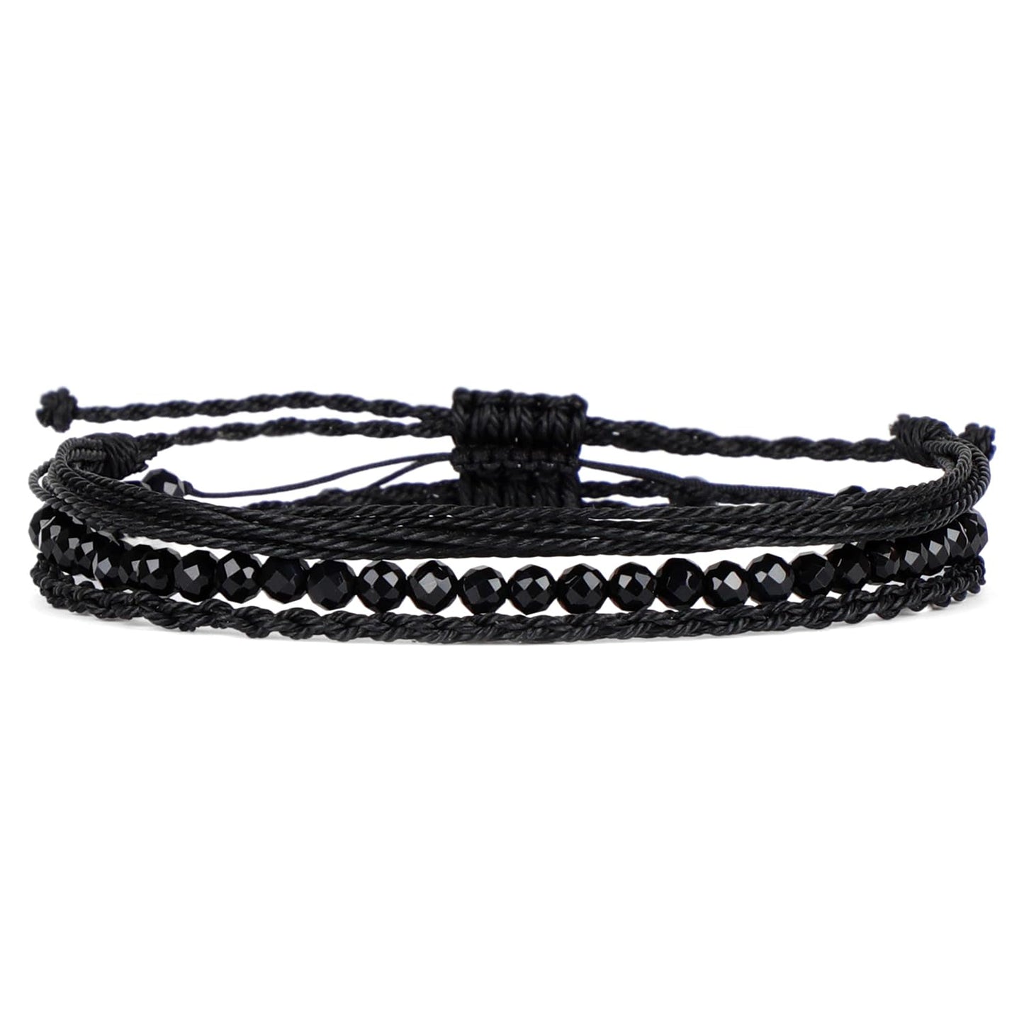 QOGIR Handmade Healing Bracelets,4mm Natural Faceted Black Onyx Gem Stone Beads Bracelet for Men Women Gifts with 2PCS Size Adjustable Rope Bracelets