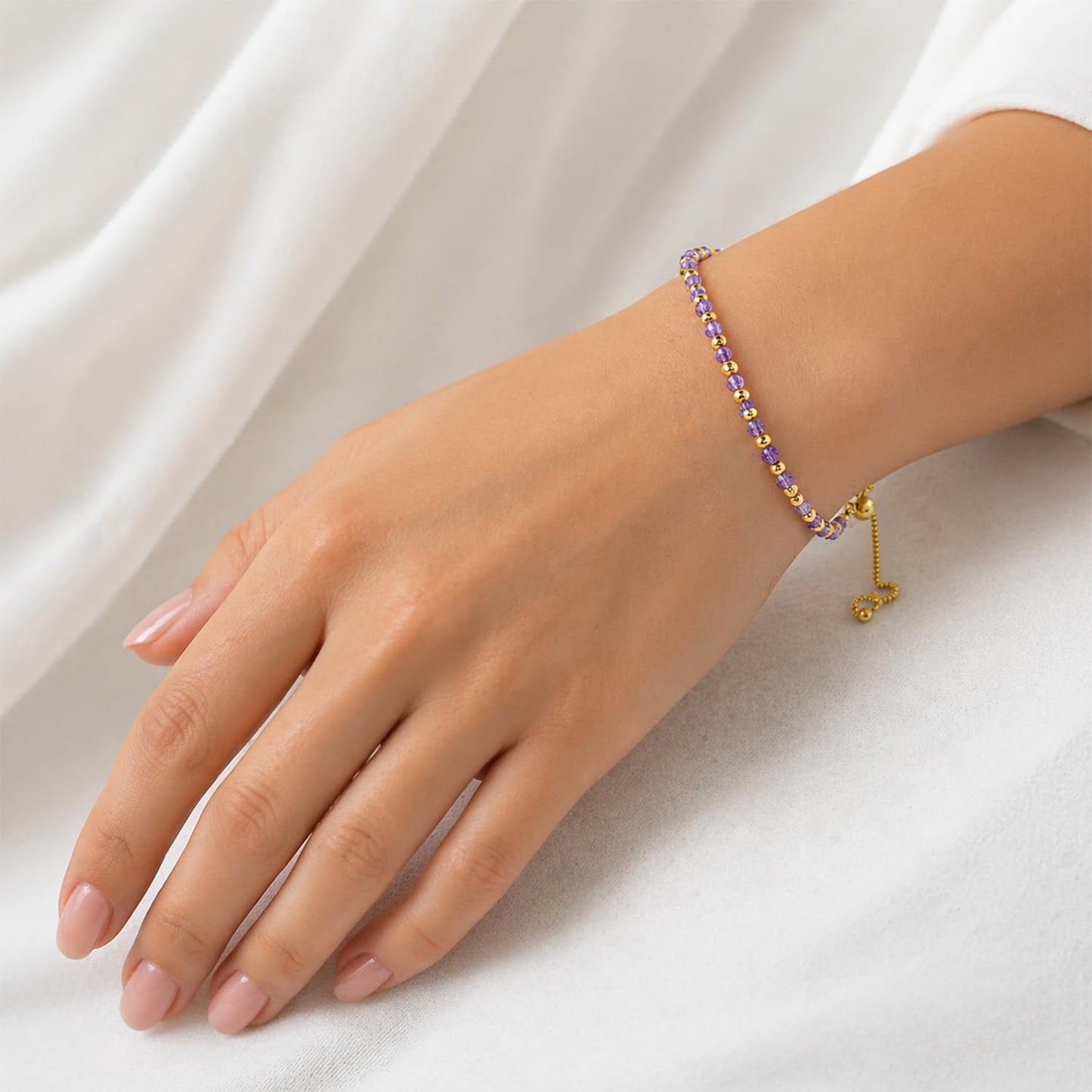 InfinityGemsArt Amethyst Bracelets For Women, Natural February Birthstone Jewelry, Purple Beads Beaded Stone Bolo Slider Crystals Gemstones 14K Gold Plated Adjustable Chain, Valentines Day Gifts