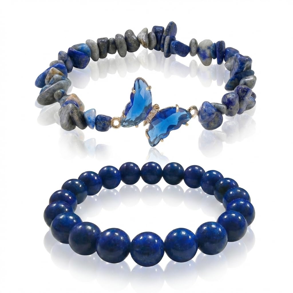 BELLA-Bee Natural Amethyst Healing Stone Bracelet Set for Women, Anxiety Relief Crystal Beaded Layered Bracelet with Butterfly Charm, Calming Spiritual Jewelry Gifts (Blue)