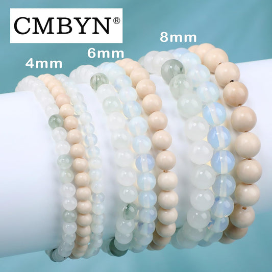 CMBYN 3-Pieces 4mm Natural Crystal Gemstone – ﻿Opalite, Tianshan Jade, White Fossil Jasper Handmade Reiki Energy Healing Stretch Bracelets Jewelry for Yoga, Meditation, Unisex