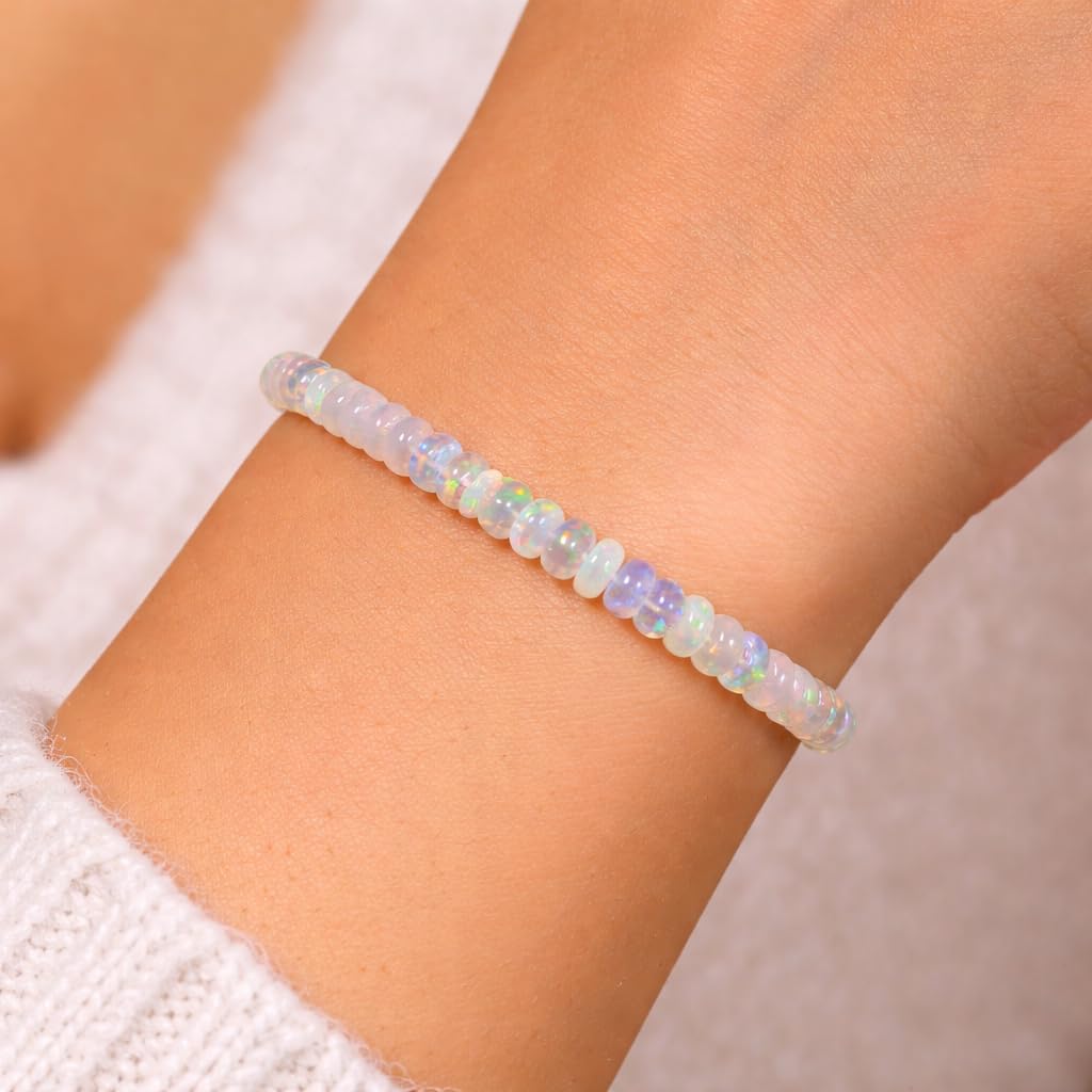 GEMS OF BAY Natural Ethiopian Opal Bracelet, Stretchable Bracelet, Welo Fire, Smooth Bracelet, Jewelry, Beads Bracelet, (6 inch)