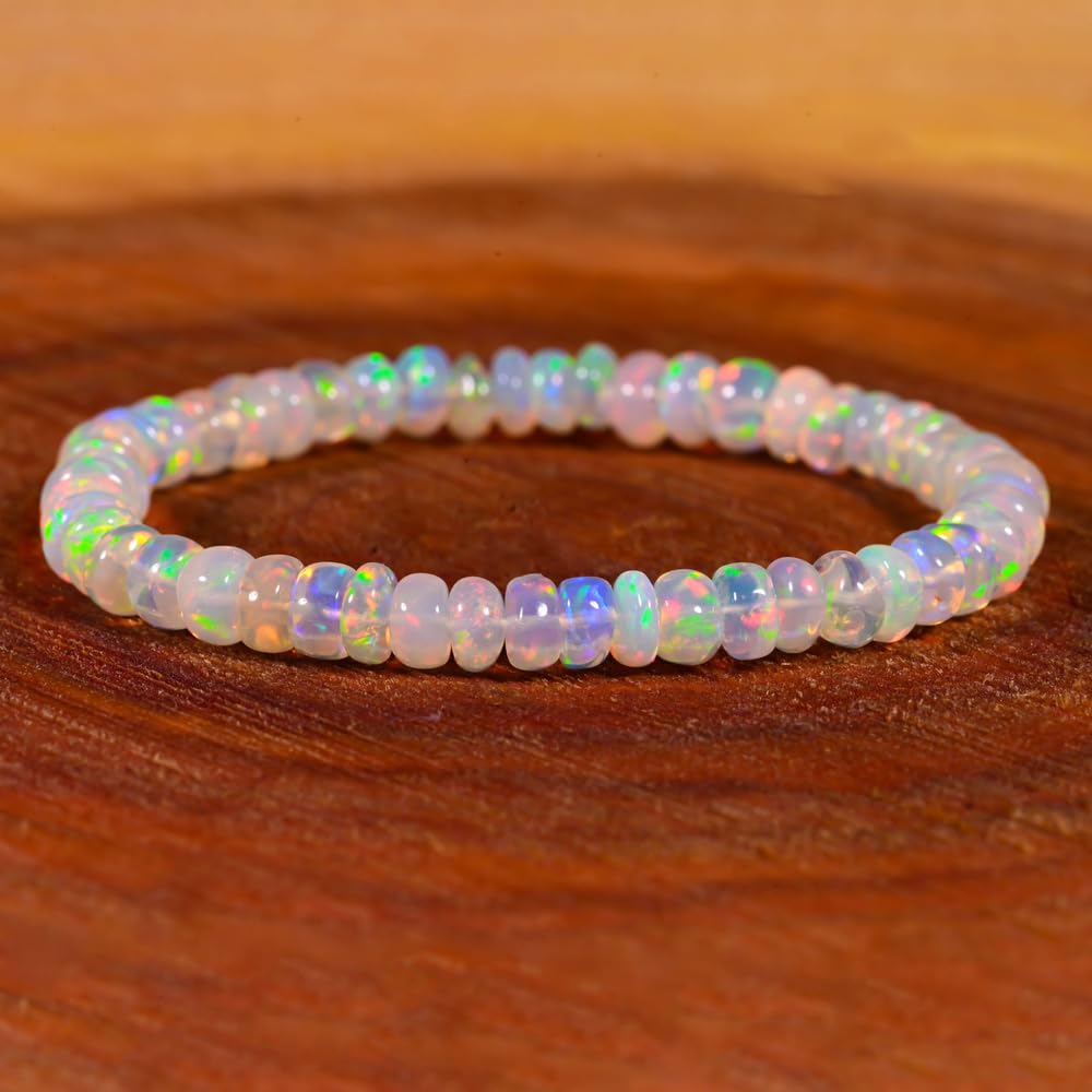 GEMS OF BAY Natural Ethiopian Opal Bracelet, Stretchable Bracelet, Welo Fire, Smooth Bracelet, Jewelry, Beads Bracelet, (6 inch)