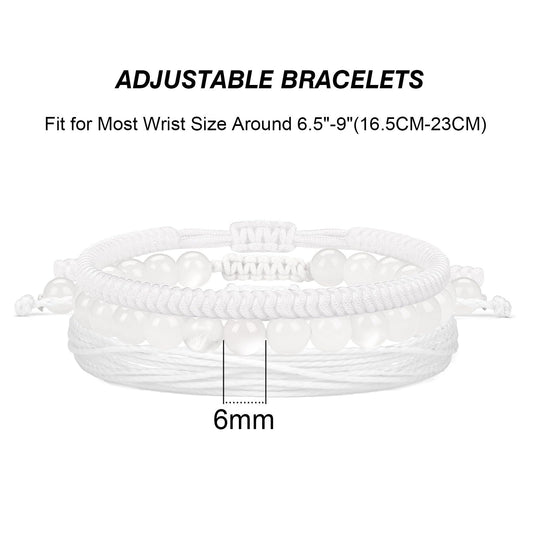 GolbalJew Healing Crystal Beaded Bracelets for Women Men, 6mm Moonstone Stone Beads Bracelets Set with 2PCS Adjustable White Rope Bracelets