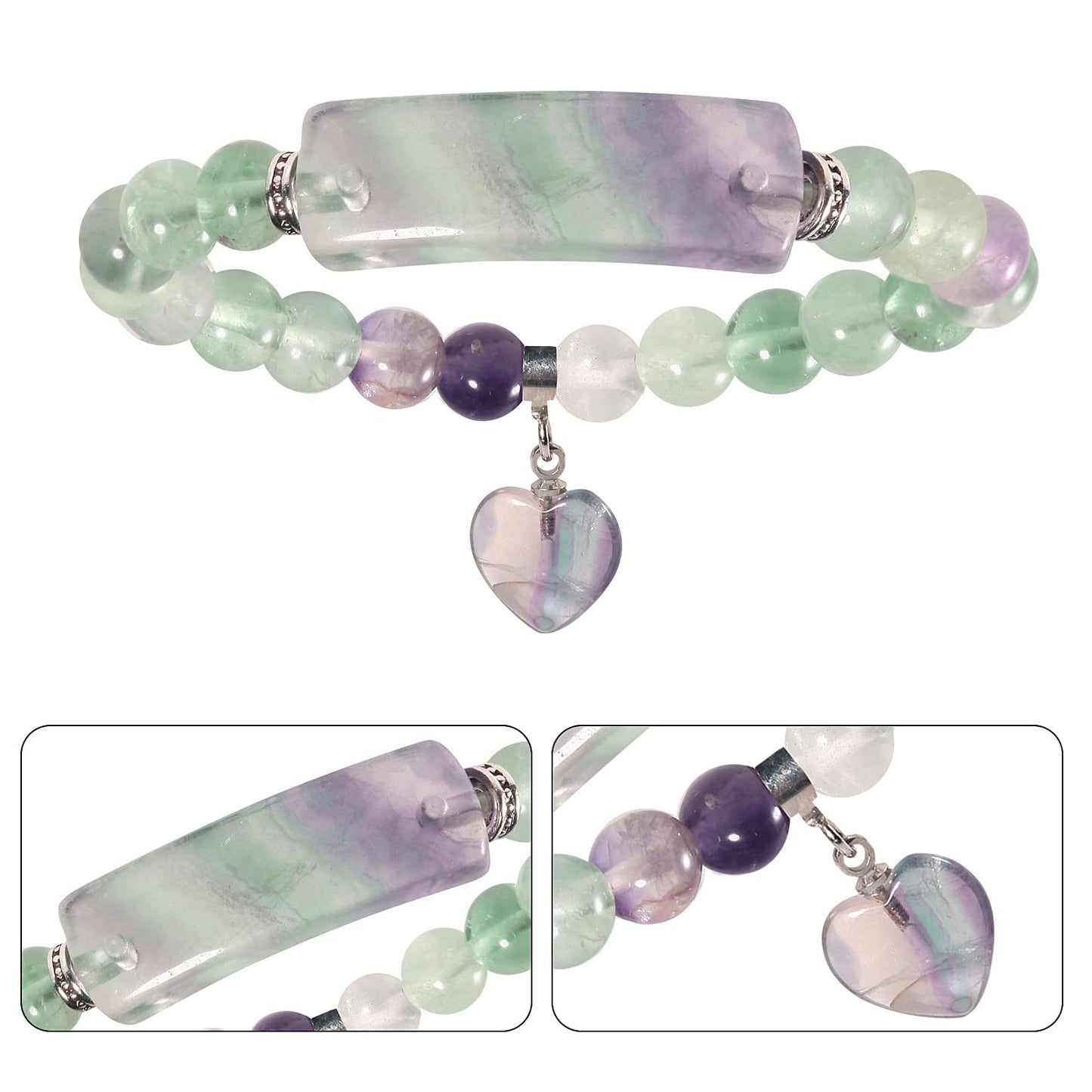 TUMBEELLUWA Healing Stone Bracelet 8mm Beads Chakra Crystal Energy Heart Charm Bracelet Handmade Jewelry for Women, Fluorite