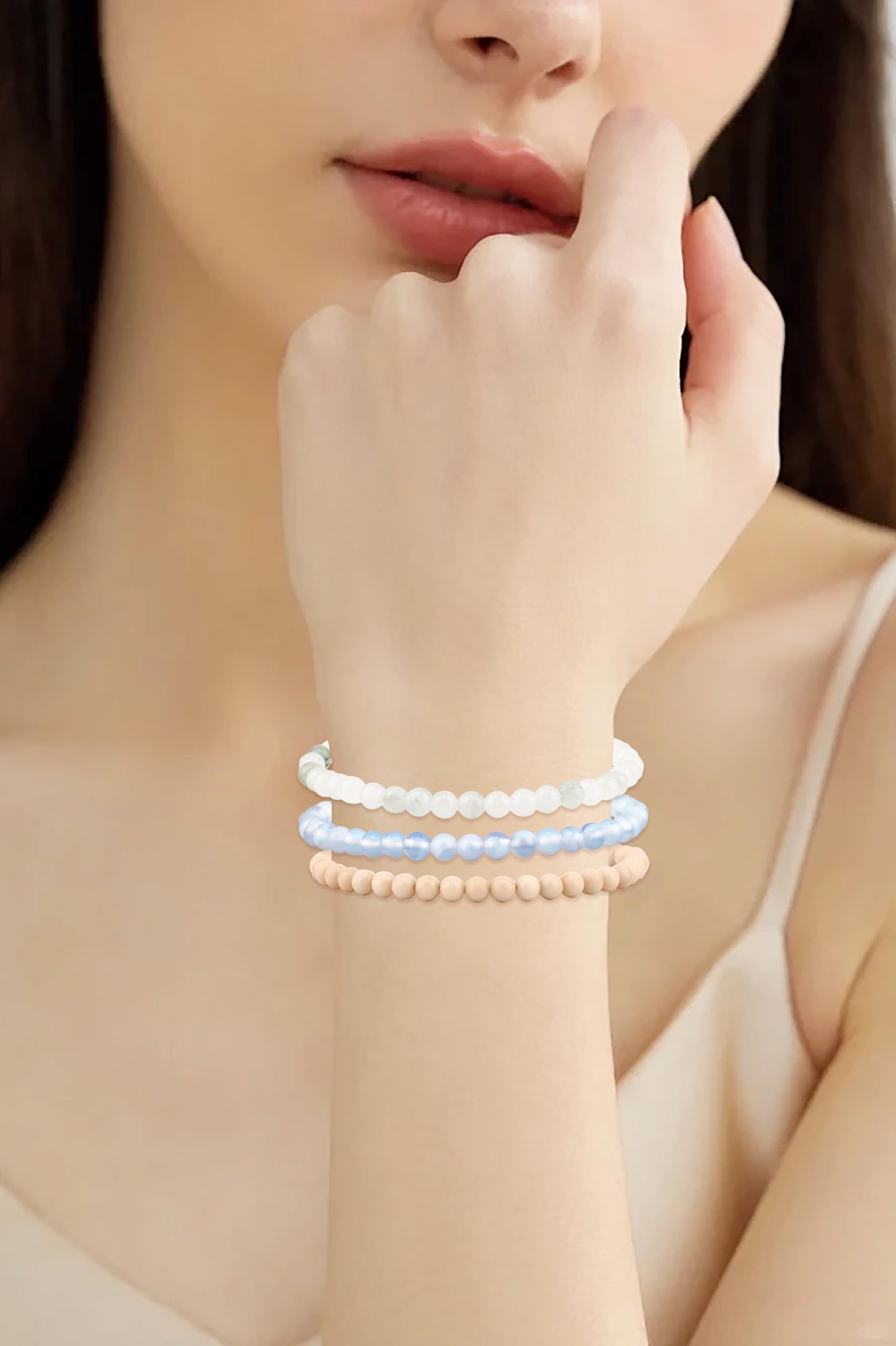 CMBYN 3-Pieces 4mm Natural Crystal Gemstone – ﻿Opalite, Tianshan Jade, White Fossil Jasper Handmade Reiki Energy Healing Stretch Bracelets Jewelry for Yoga, Meditation, Unisex