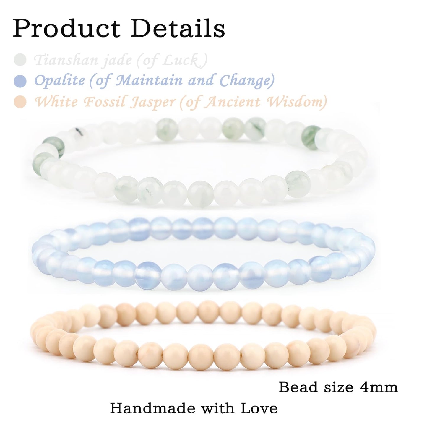 CMBYN 3-Pieces 4mm Natural Crystal Gemstone – ﻿Opalite, Tianshan Jade, White Fossil Jasper Handmade Reiki Energy Healing Stretch Bracelets Jewelry for Yoga, Meditation, Unisex