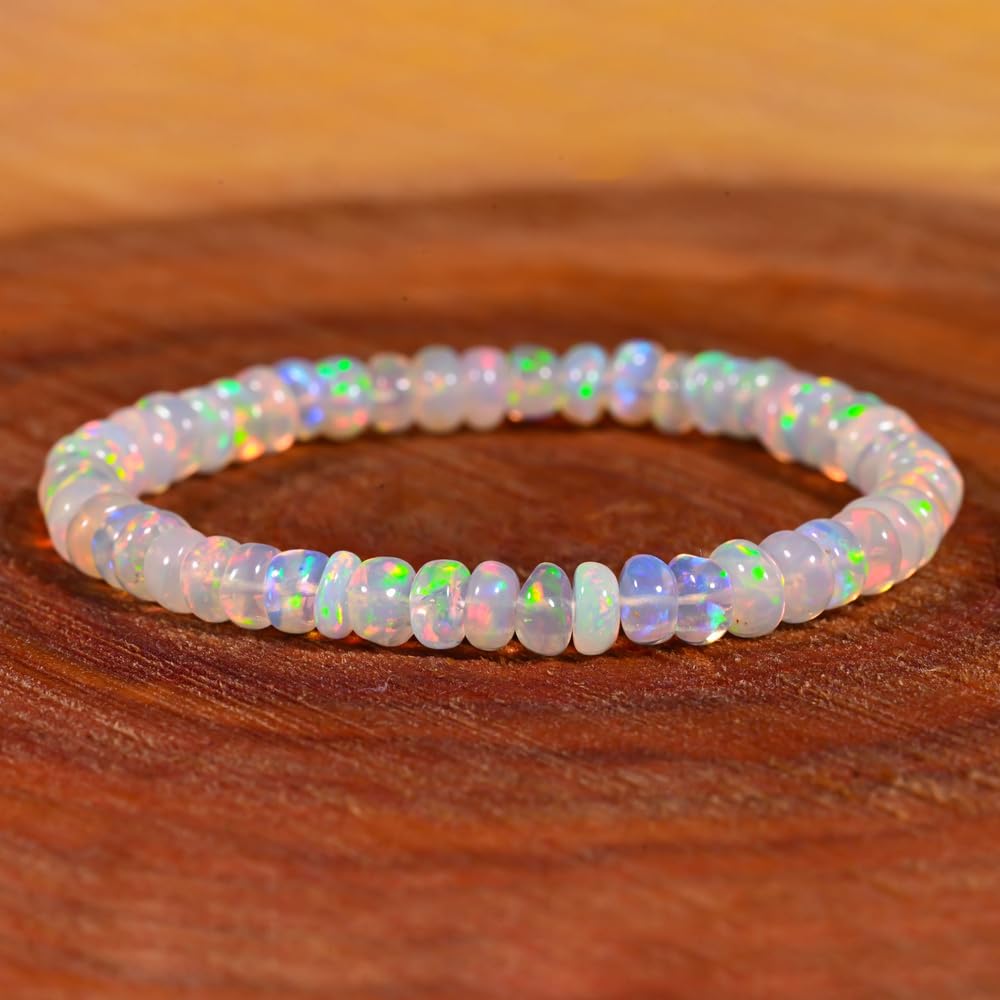 GEMS OF BAY Natural Ethiopian Opal Bracelet, Stretchable Bracelet, Welo Fire, Smooth Bracelet, Jewelry, Beads Bracelet, (6 inch)