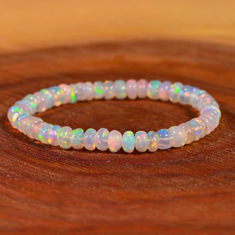 GEMS OF BAY Natural Ethiopian Opal Bracelet, Stretchable Bracelet, Welo Fire, Smooth Bracelet, Jewelry, Beads Bracelet, (6 inch)
