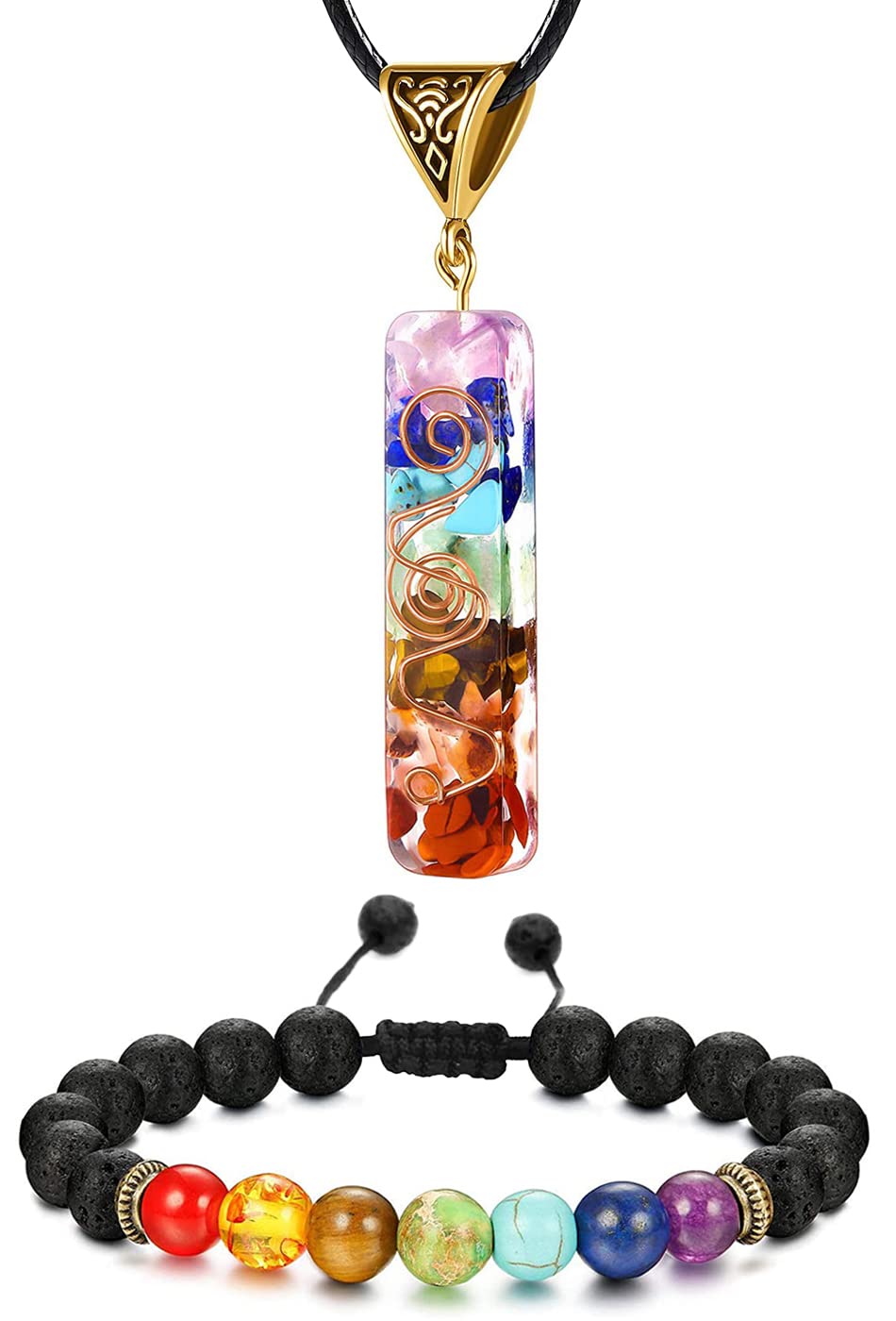 (Set) Chakra Bracelet & 7 Chakra Healing Crystals, Balance Chakra Self Inner Healing, Strengthen Immune System, Yoga Meditation Relax Anxiety Bangle for Women/Men, Adjustable