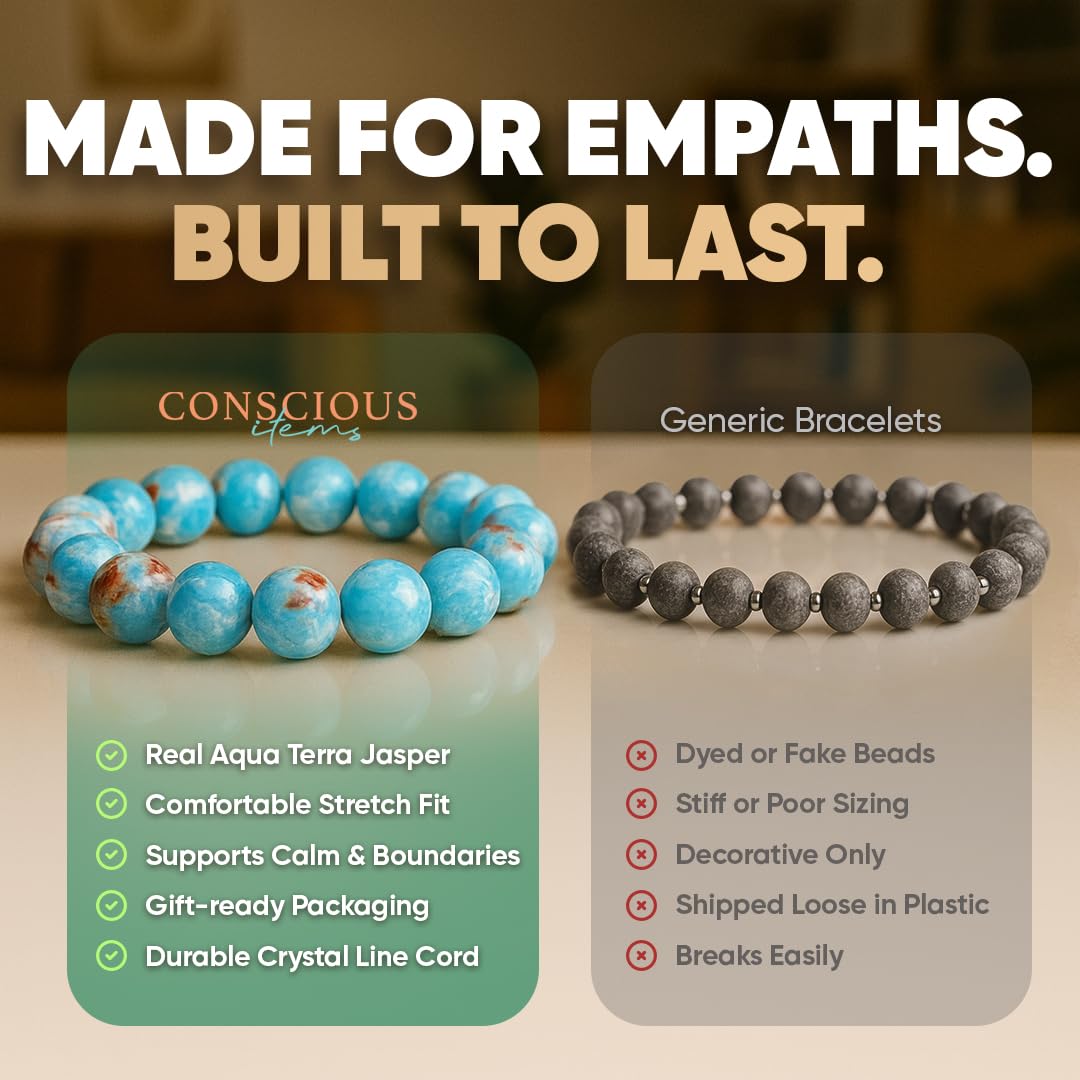 Conscious Items Empath’s Shield Gemstone Bracelet, Aqua Terra Jasper Crystal Bracelet for Calm, Boundaries & Balance, Natural Jasper Stone Beaded Bracelets for Caregivers & Empaths