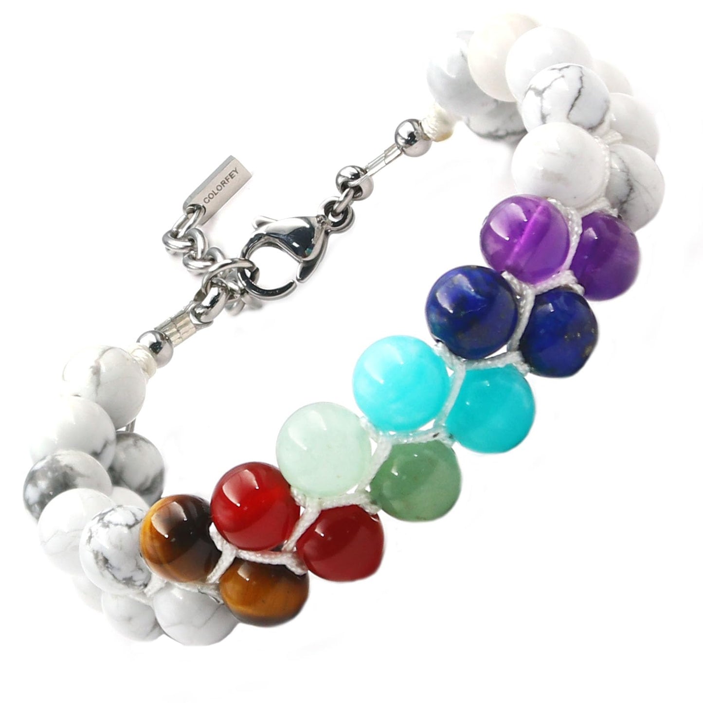 COLORFEY Real Crystal Bracelets for Men Women Healing 7 Chakra Crystal Tiger Eye Red Agate Aventurine Amazonite Lapis Lazuli Amethyst Howlite Stone Beads Bracelet Handmade Lucky Bracelet 2Row