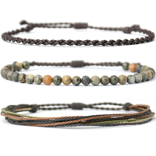 Handmade Natural Stone Beaded Healing Bracelet Gift for Men Adjustable Rope String Bracelet (Pyrite associated with brown quartz ore)