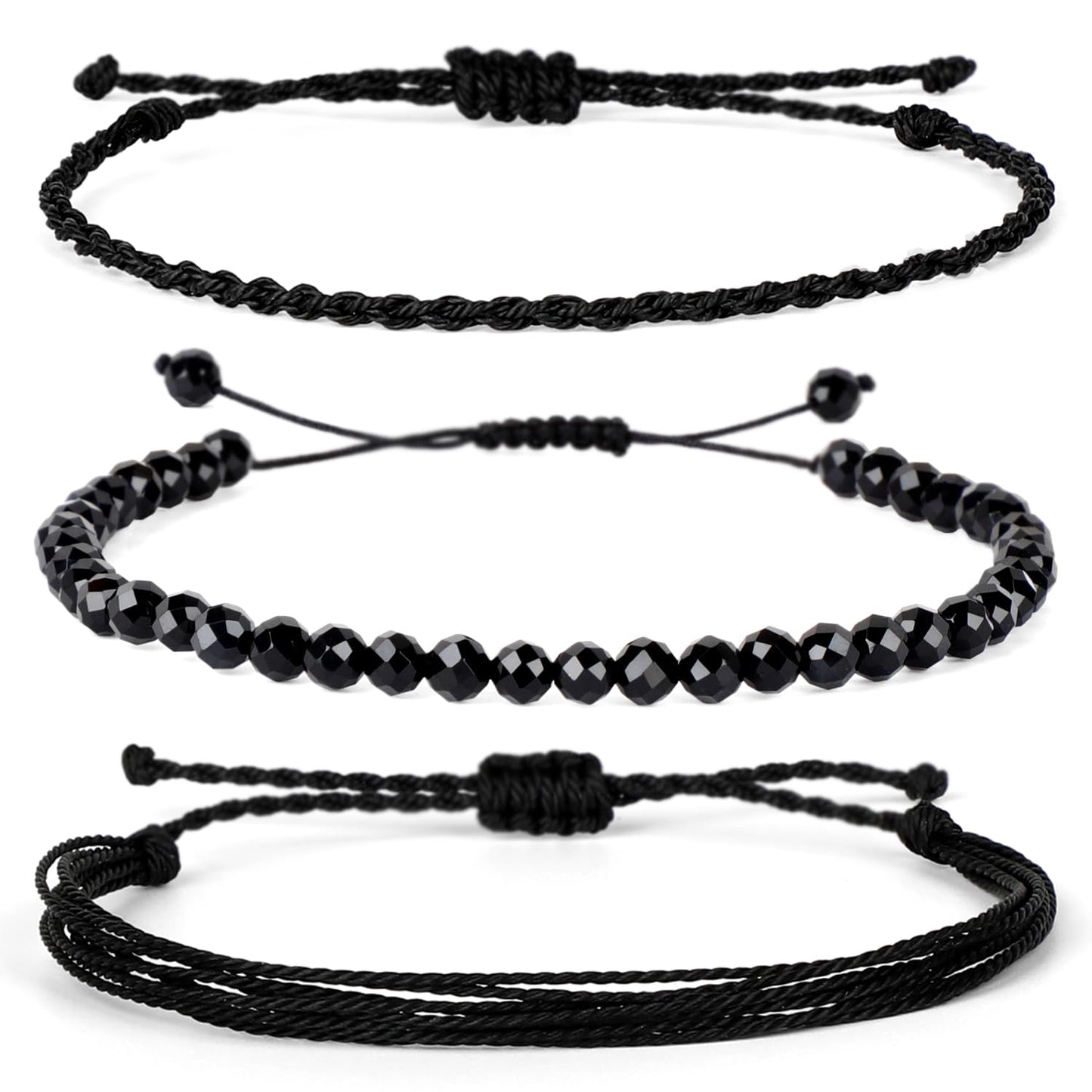 QOGIR Handmade Healing Bracelets,4mm Natural Faceted Black Onyx Gem Stone Beads Bracelet for Men Women Gifts with 2PCS Size Adjustable Rope Bracelets