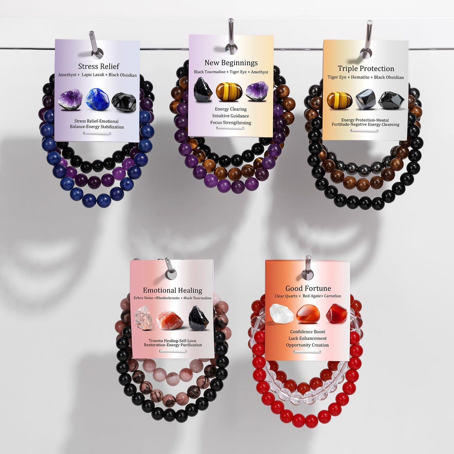 Vinswet Healing Crystal Bracelets for Women Men 8mm Tiger Eye Hematite Black Obsidian Natural Stone Beaded Stretch Bracelet Triple Protection Handmade Gemstone Reiki Spiritual Jewelry Gifts