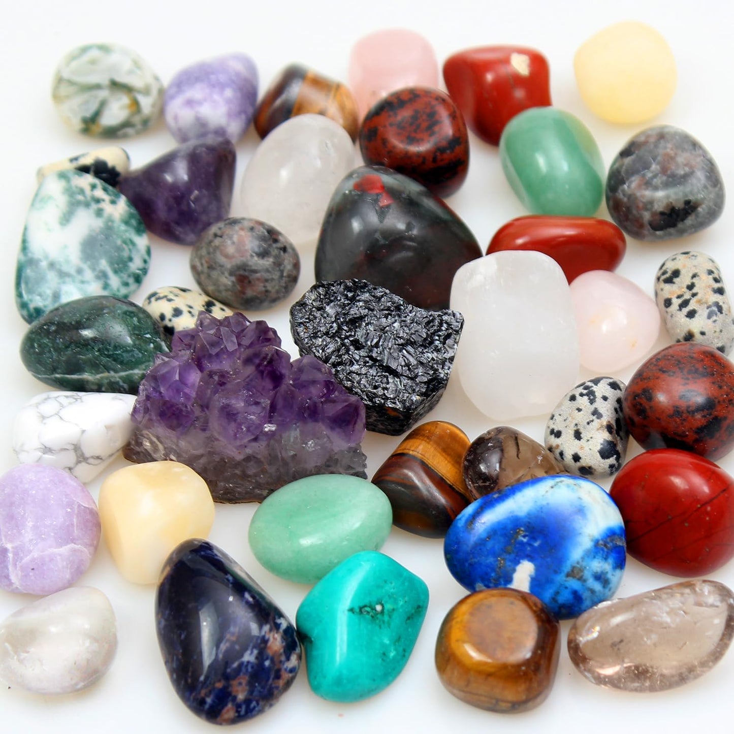 0.7Lb Natural Polished Gemstones and Rocks (25+PCs), Amethyst Cluster, Selenite & Tourmaline Included, Bulk Tumbled Crystals and Stone (0.6-1.2“ 320g)