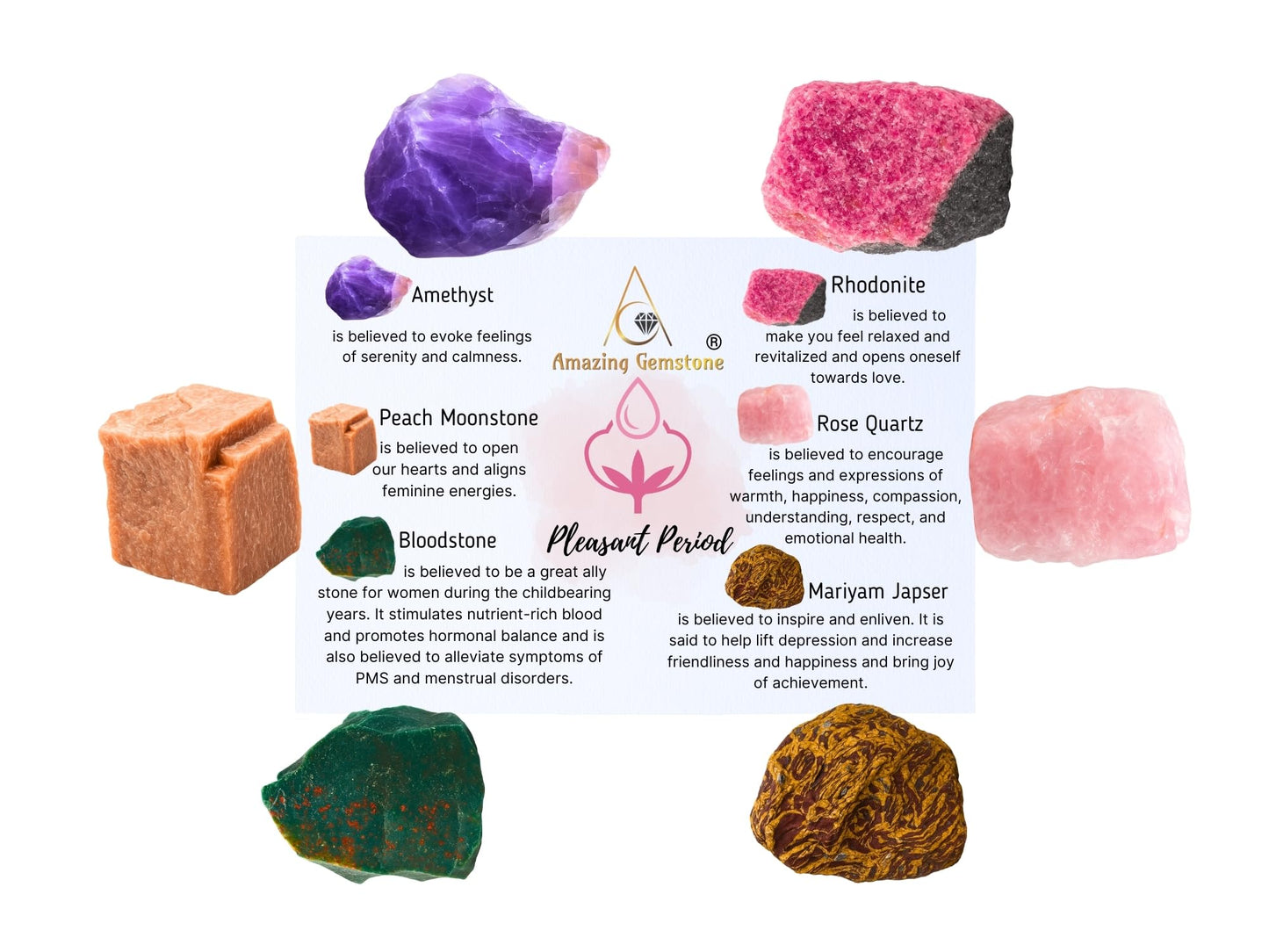 Amazing Gemstone Crystals for Pleasant Period Menstrual Cycle Menses, Set of 6 Blood Stone, Rose Quartz, Peach Moonstone, Mariyam Jasper and Rhodonite Healing Crystals and Stones