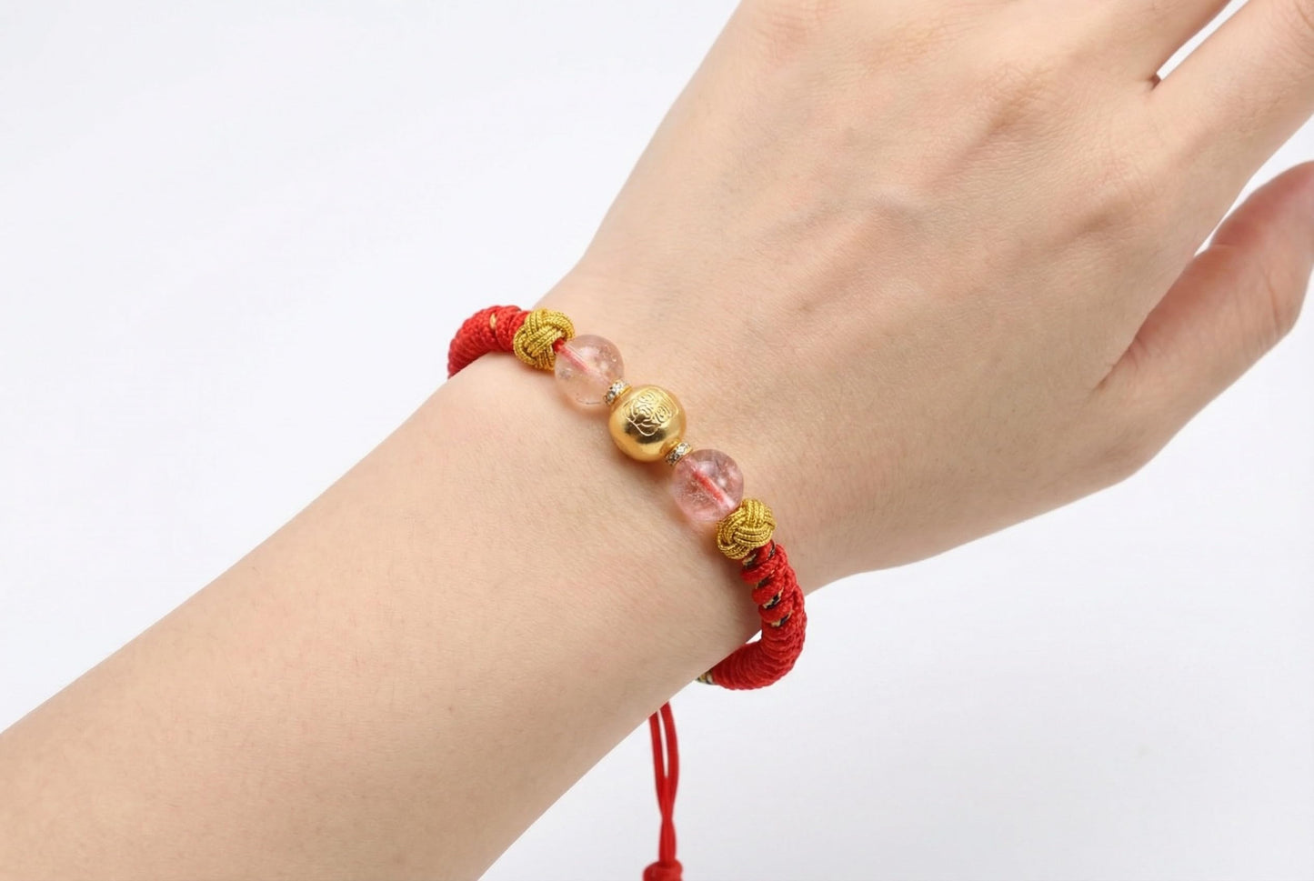 FAIRY CONCEPT Natural Strawberry Quartz & Rose Quartz Red Rope Bracelet for Women - Handmade Healing Crystal Jewelry with Lucky Gold Beads, Heart Chakra Energy Gift