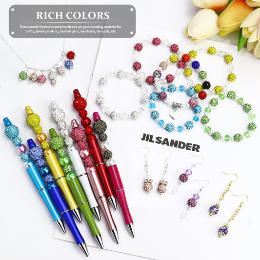 Dowarm 110PCS 10MM Rhinestone Beads for Jewelry Making, Round Polymer Clay Crystal Beads for Crafts Bracelet Necklace Earring Beaded Pen, Fancy Shamballa Disco Ball Diamond Bead