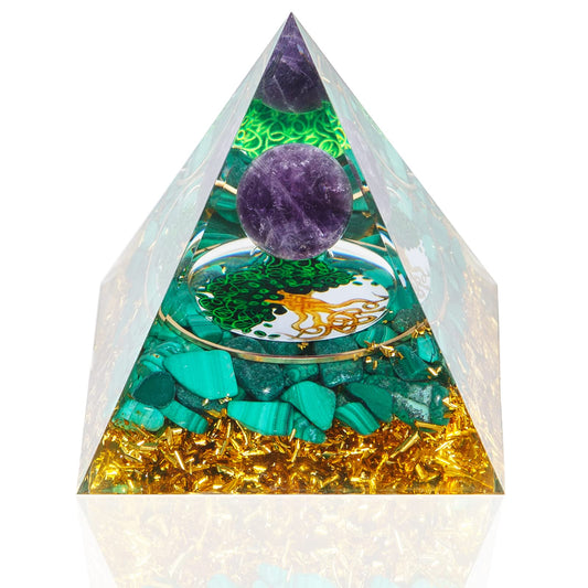 Orgonite Pyramid, Natural Amethyst Malachite Orgone Pyramid, Protection Crystals Energy Generator for Stress Reduce Meditation, Attract Wealth Lucky