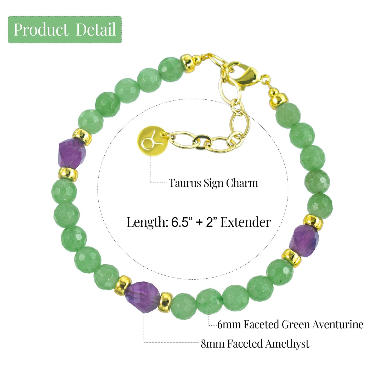 Ayriwoyi Taurus Zodiac Bracelet for Women Healing Crystal Tiny Beads Birthstone Bracelet Green Aventurine Amethyst Beaded Stone bracelet Inspirational Constellation Gifts
