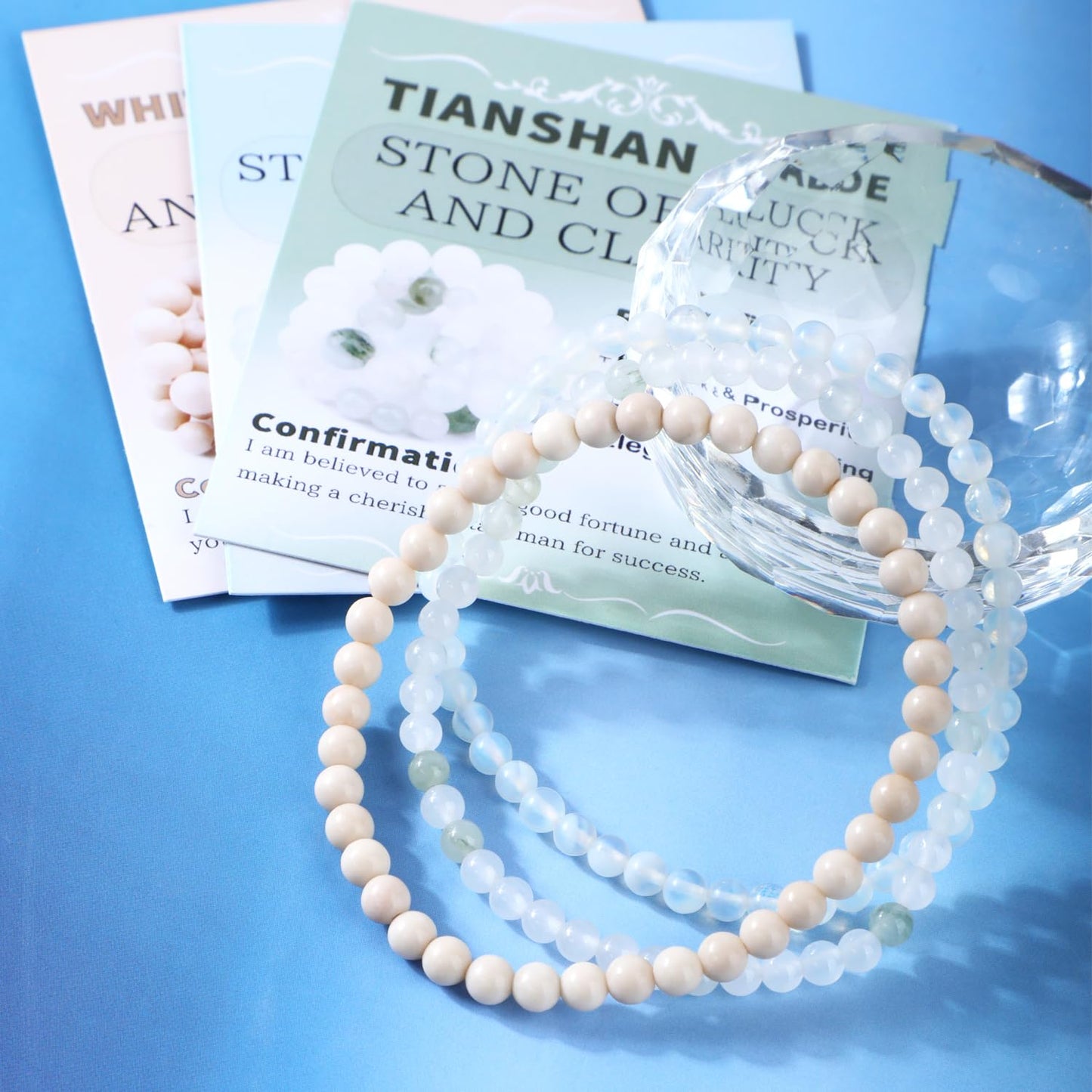 CMBYN 3-Pieces 4mm Natural Crystal Gemstone – ﻿Opalite, Tianshan Jade, White Fossil Jasper Handmade Reiki Energy Healing Stretch Bracelets Jewelry for Yoga, Meditation, Unisex