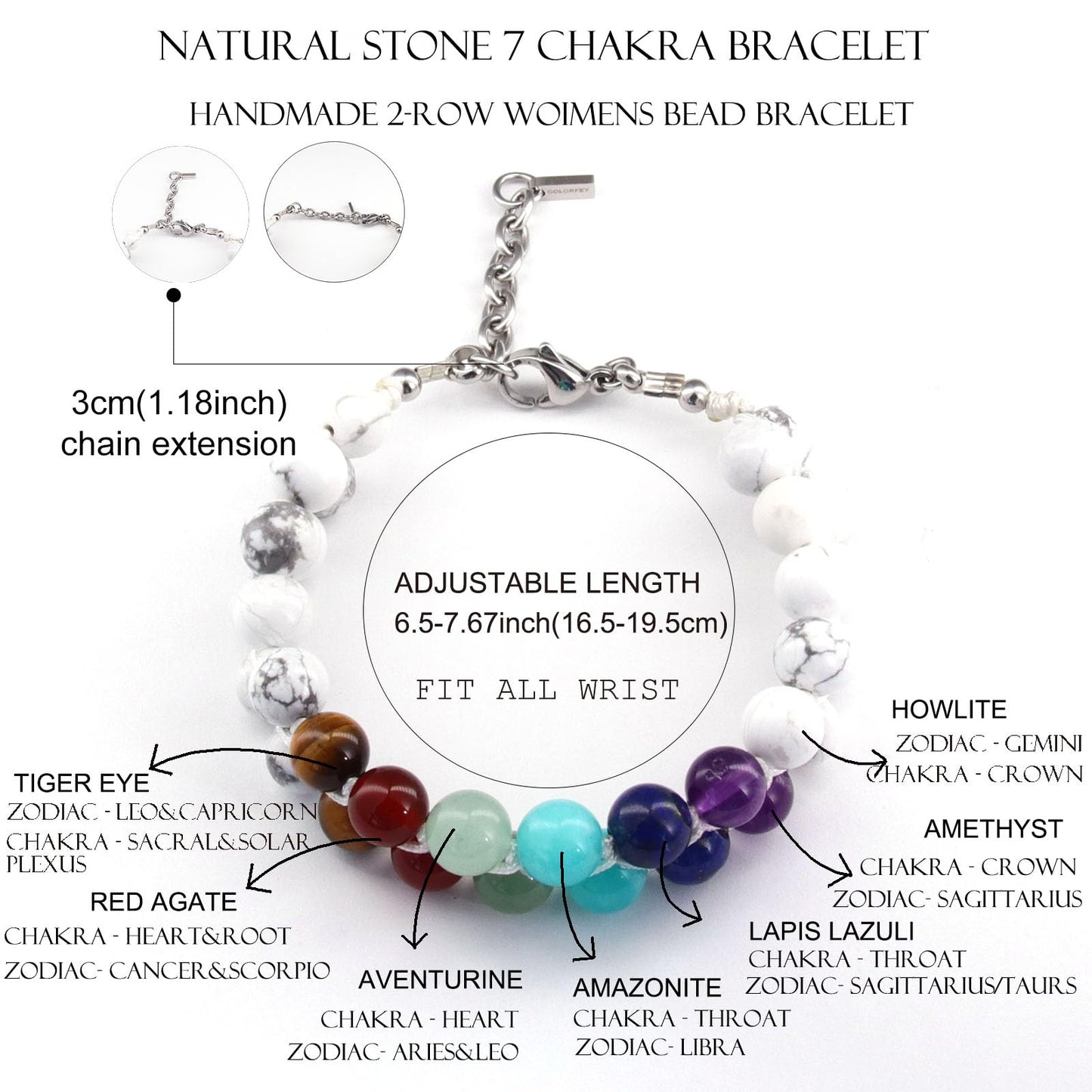 COLORFEY Real Crystal Bracelets for Men Women Healing 7 Chakra Crystal Tiger Eye Red Agate Aventurine Amazonite Lapis Lazuli Amethyst Howlite Stone Beads Bracelet Handmade Lucky Bracelet 2Row
