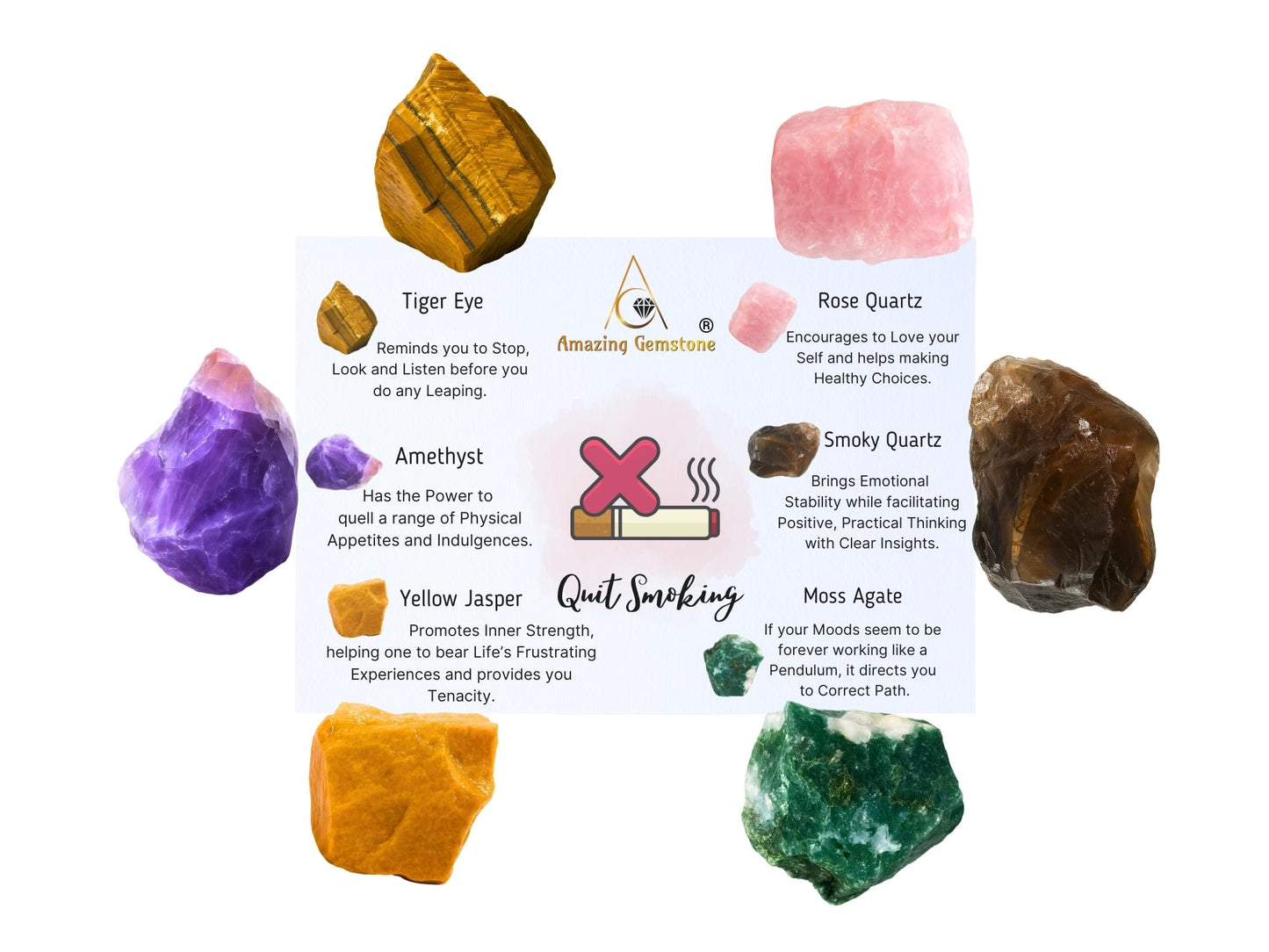 Amazing Gemstone Crystals to Help Quit Smoking Manifestation, Set of 6 Amethyst, Tiger Eye, Yellow Jasper, Rose Quartz, Smoky Quartz and Moss Agate Healing Crystals and Stones