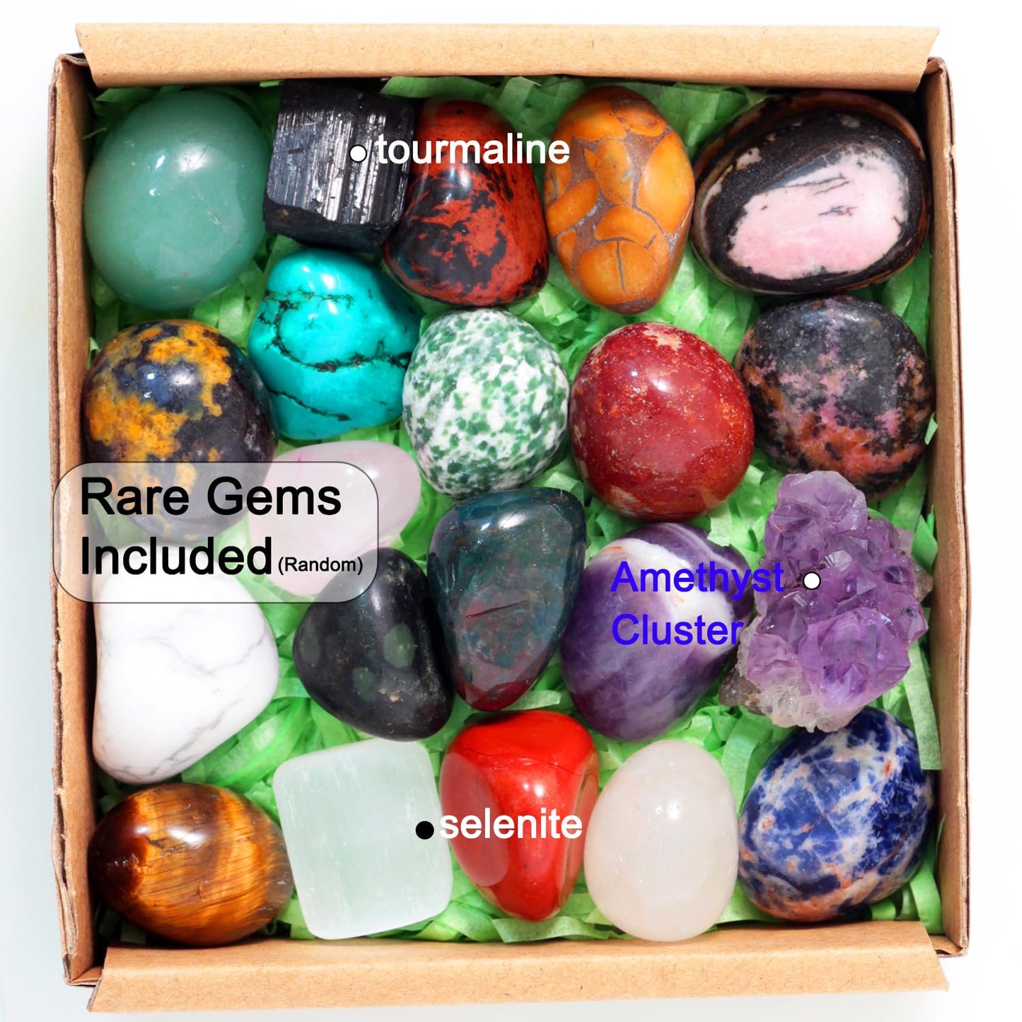 0.7Lb Natural Polished Gemstones and Rocks (25+PCs), Amethyst Cluster, Selenite & Tourmaline Included, Bulk Tumbled Crystals and Stone (0.6-1.2“ 320g)