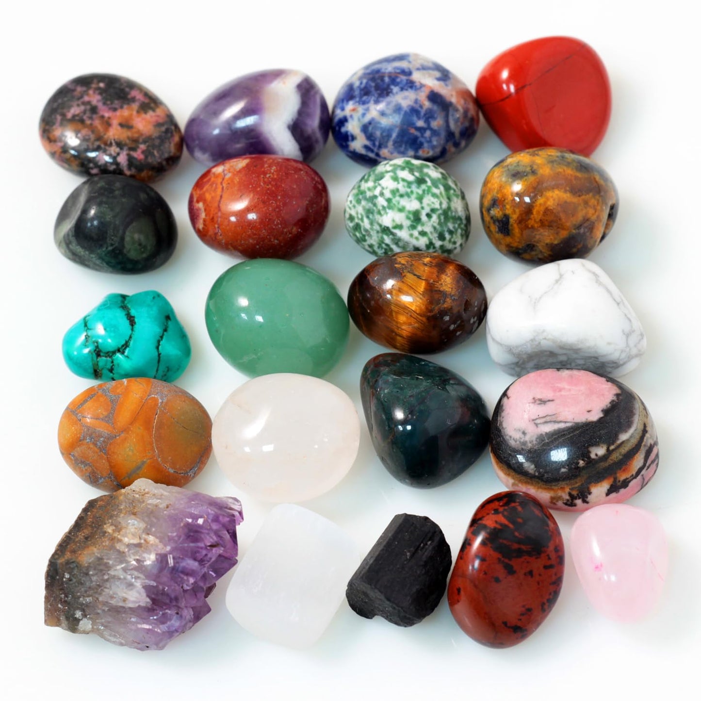 0.7Lb Natural Polished Gemstones and Rocks (25+PCs), Amethyst Cluster, Selenite & Tourmaline Included, Bulk Tumbled Crystals and Stone (0.6-1.2“ 320g)
