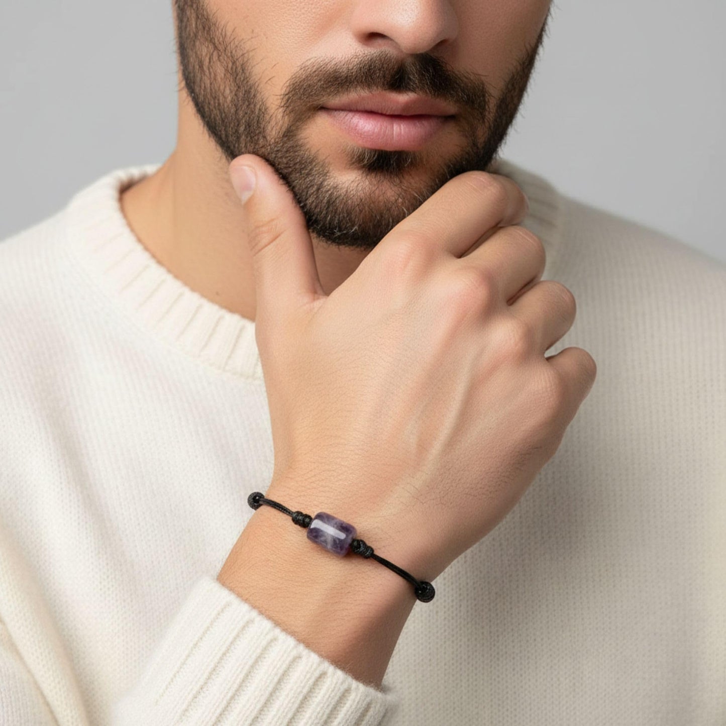Luck Strings Adjustable Gemstone Cord Bracelet for Men & Women - Cylinder Stone Bead - Chakra Inspired Meditation Jewelry - Talisman Beach Style (amethyst)