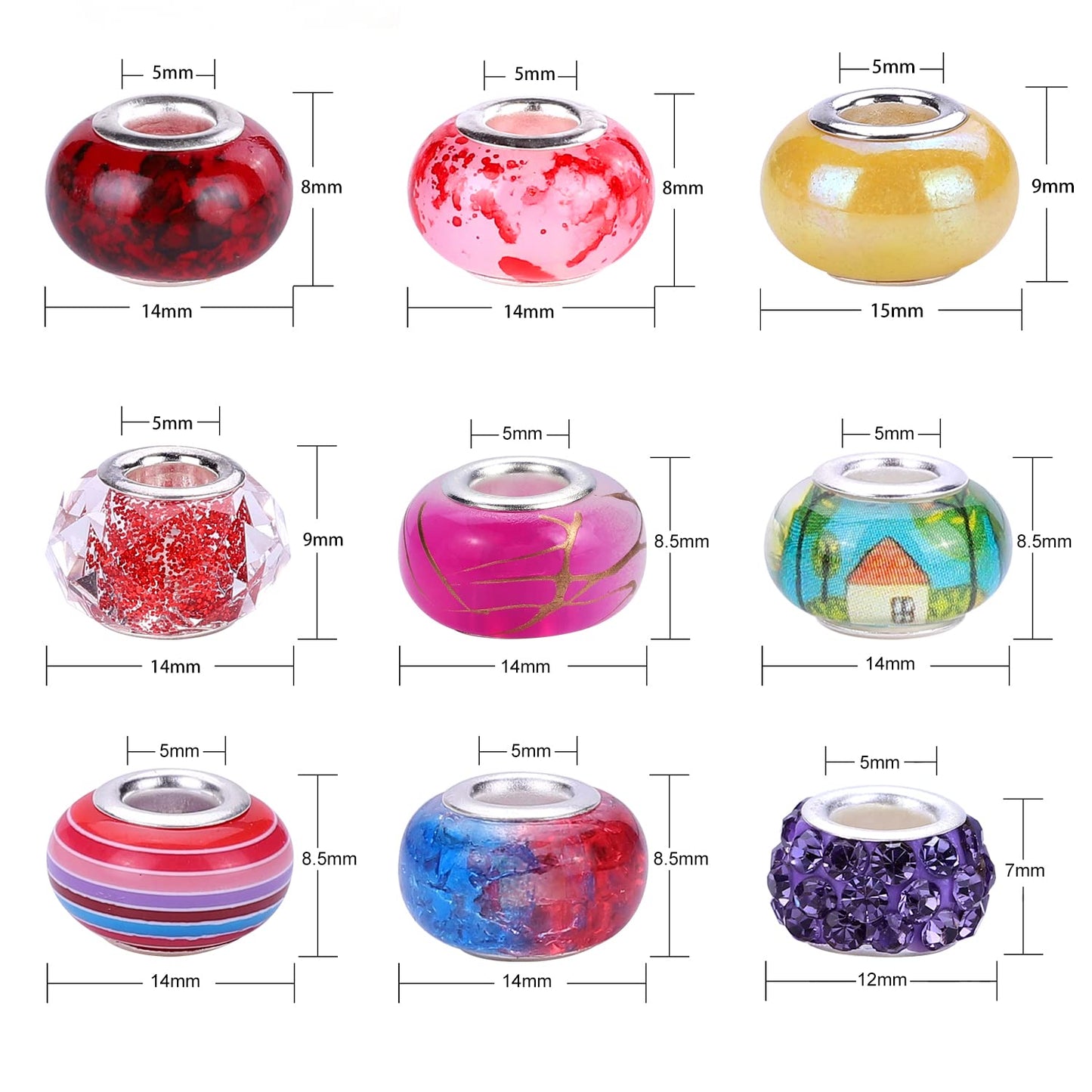 Victlov European Large Hole Beads Spacer Beads Charm Fairy Wands Beads Rhinestone Craft Beads for DIY Bracelet Jewelry Making (9 Style 180 Pieces)