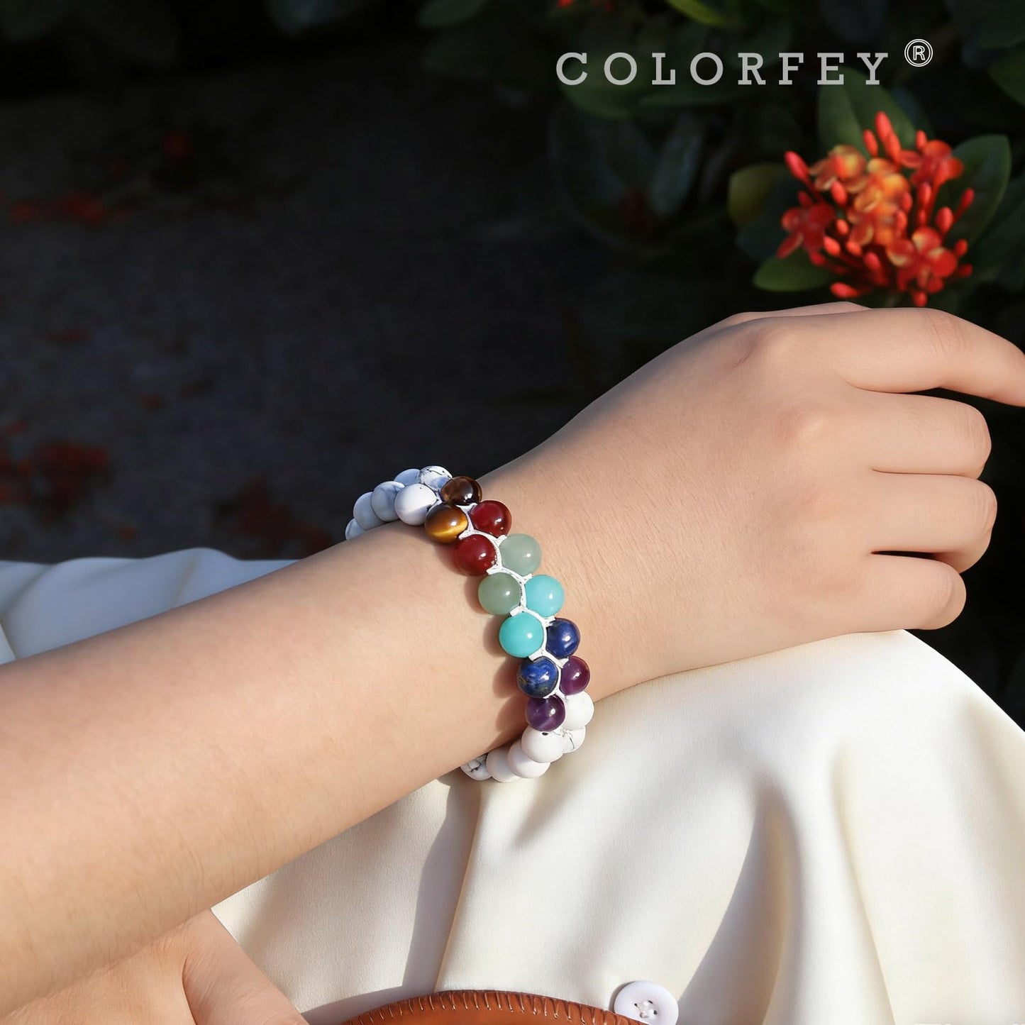 COLORFEY Real Crystal Bracelets for Men Women Healing 7 Chakra Crystal Tiger Eye Red Agate Aventurine Amazonite Lapis Lazuli Amethyst Howlite Stone Beads Bracelet Handmade Lucky Bracelet 2Row