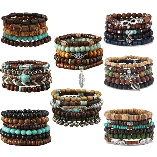 SONNYX 43Pcs Punk Wooden Beads Bracelets Gothic Bracelet for Men Adjustable Vintage Beaded Bracelet Metal Set Wood Bangles Wristbands Commemorative Gift