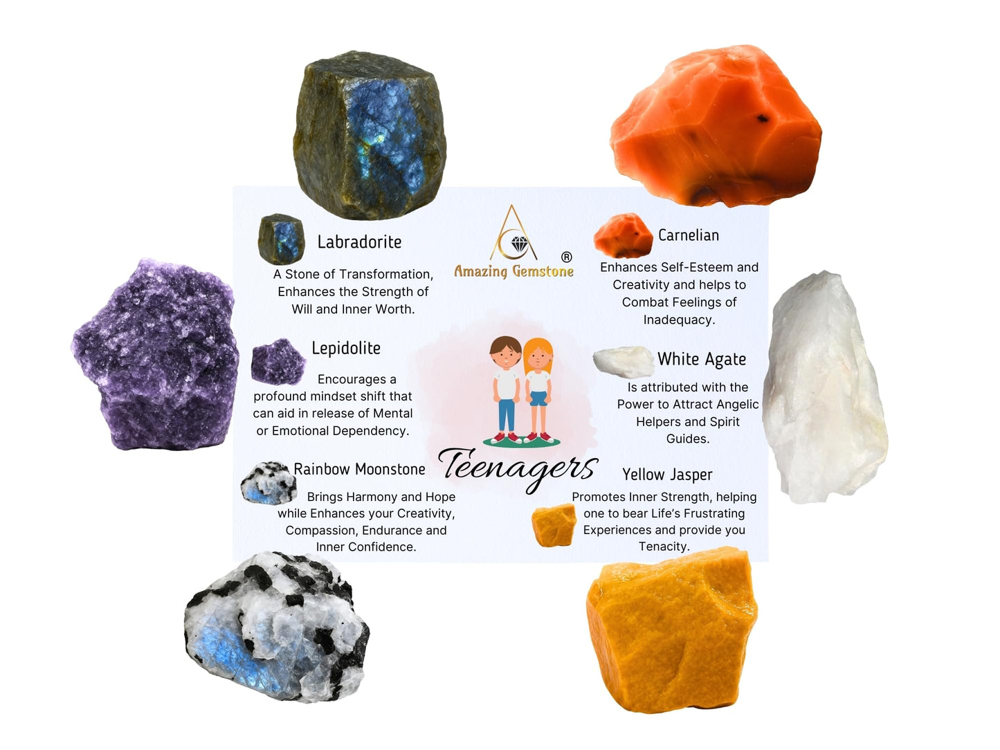 Amazing Gemstone Crystals for Teenagers Manifestation, Set of 6 Labradorite, Lepidolite, Rainbow Moonstone, Carnelian, White Agate and Yellow Jasper Healing Crystals and Stones