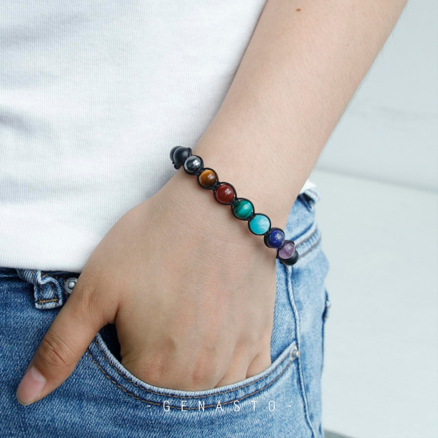 GENASTO 7 Chakra Bracelet with Real Stones Healing Crystal Stone Beads Bracelets Chakra Bracelet for Men and Women Yoga Crystals Beaded Bracelets for Meditation Relax