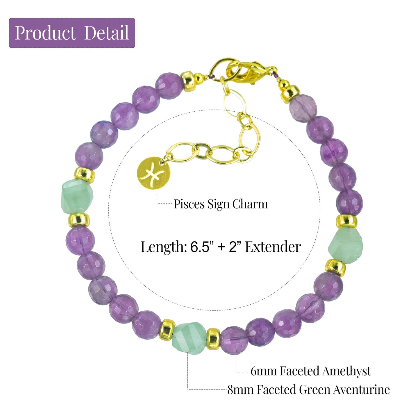 Ayriwoyi Pisces Zodiac Bracelet 12 Constellations Healing Crystal small Beads Birthstone Bracelets Amethyst Green Aventurine Beaded Bracelet Birthday Gift for Women