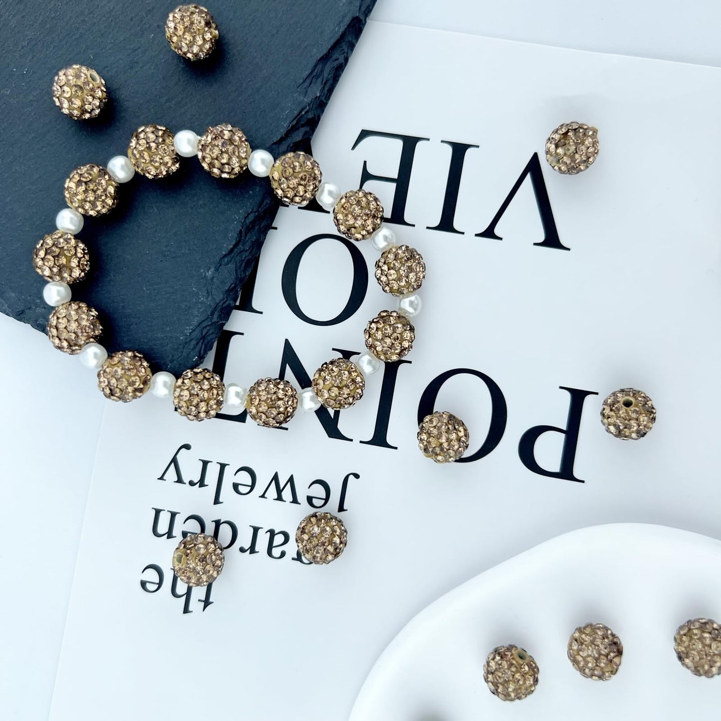 10mm Clay Rhinestone Beads for Bracelets, 100 Pcs Sparkle Crystal Beads for Jewelry Making, Glitter Round Shamballa Disco Ball Design for DIY Crafts Necklace Earrings Decoration (Light Brown)