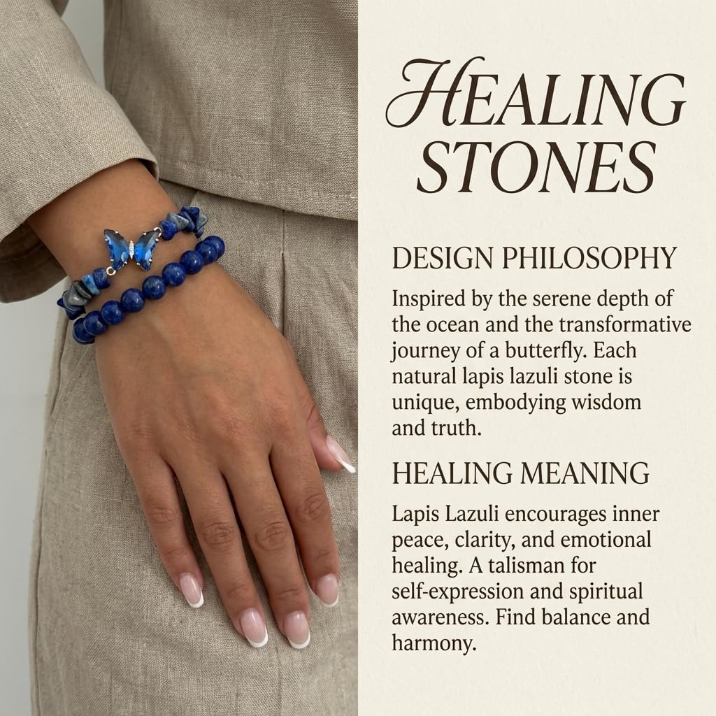 BELLA-Bee Natural Amethyst Healing Stone Bracelet Set for Women, Anxiety Relief Crystal Beaded Layered Bracelet with Butterfly Charm, Calming Spiritual Jewelry Gifts (Blue)