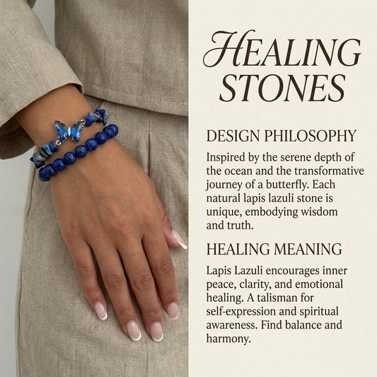 BELLA-Bee Natural Amethyst Healing Stone Bracelet Set for Women, Anxiety Relief Crystal Beaded Layered Bracelet with Butterfly Charm, Calming Spiritual Jewelry Gifts (Blue)