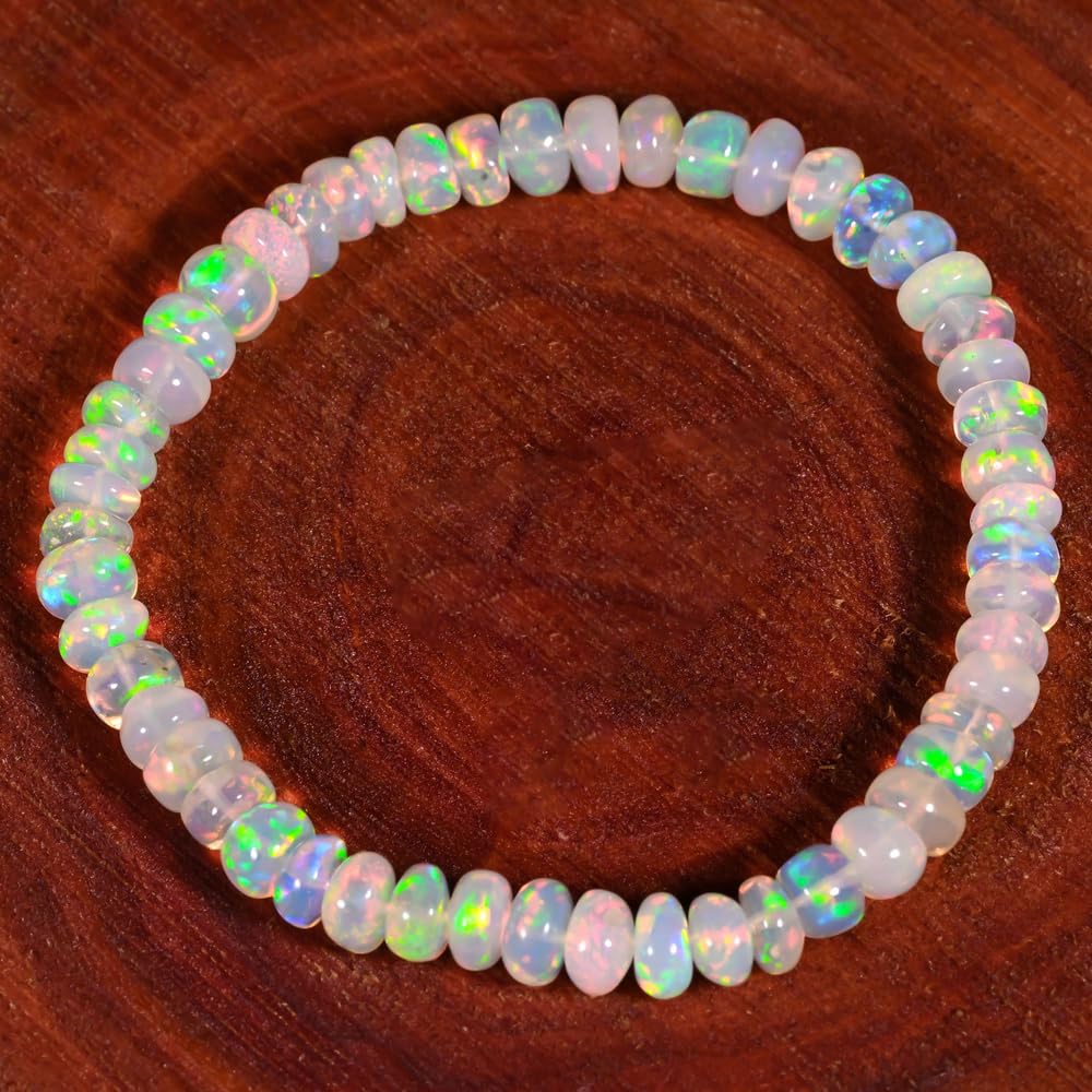 GEMS OF BAY Natural Ethiopian Opal Bracelet, Stretchable Bracelet, Welo Fire, Smooth Bracelet, Jewelry, Beads Bracelet, (6 inch)