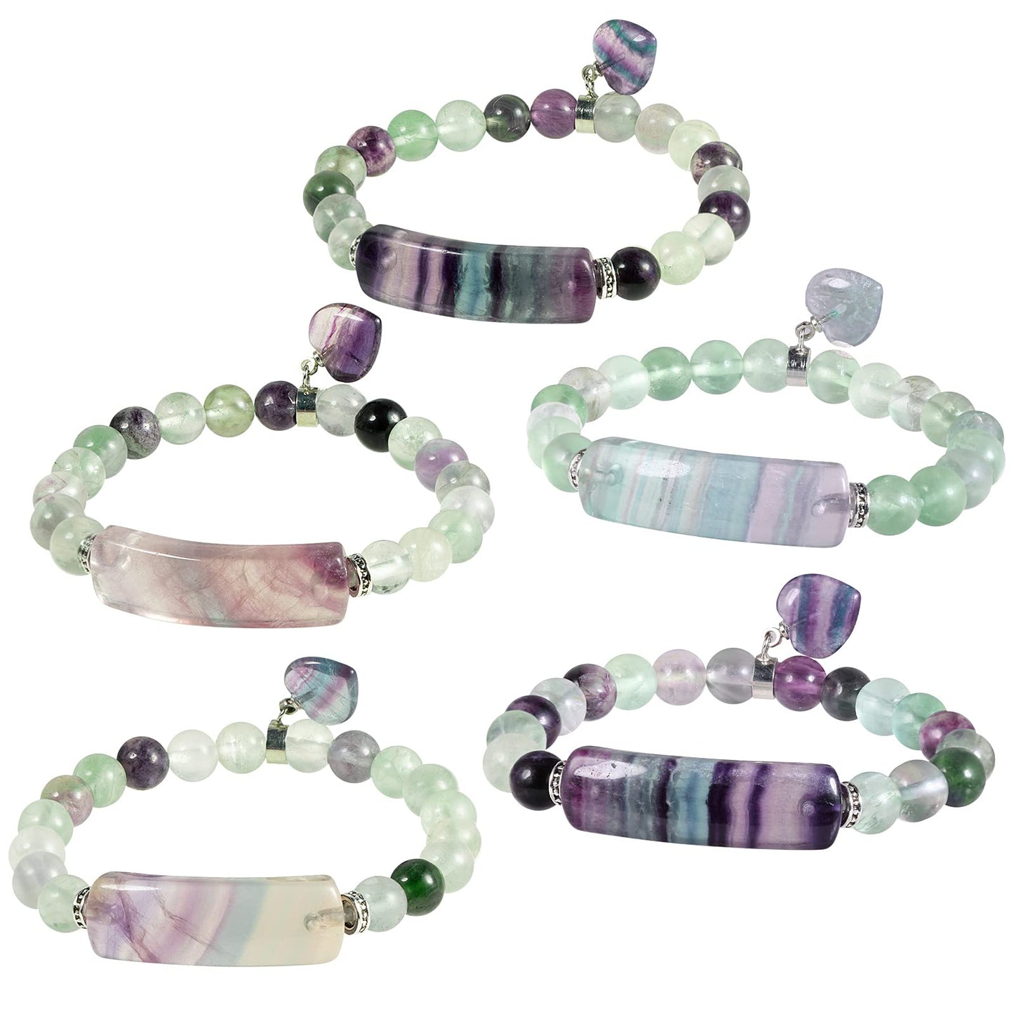 TUMBEELLUWA Healing Stone Bracelet 8mm Beads Chakra Crystal Energy Heart Charm Bracelet Handmade Jewelry for Women, Fluorite
